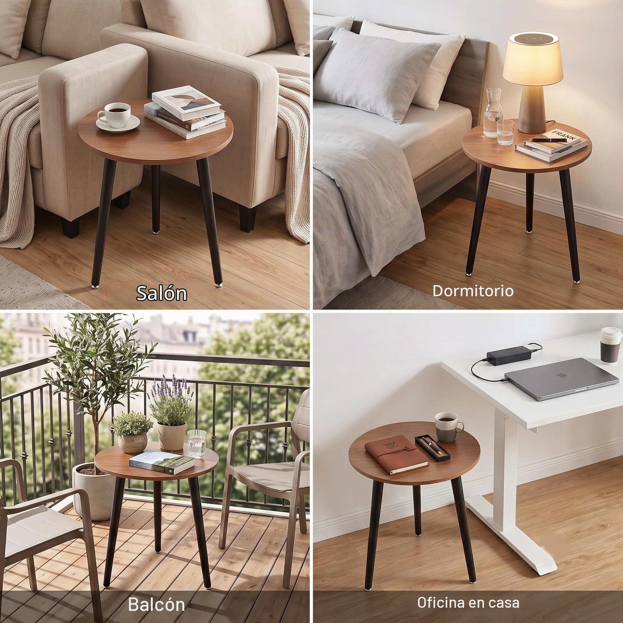 APICIZON Mesa auxiliar redonda de madera - Pequeña, fácil de montar, 42x42x51CM, estilo escandinavo, nogal para salón, dormitorio, balcón, cuarto de flores