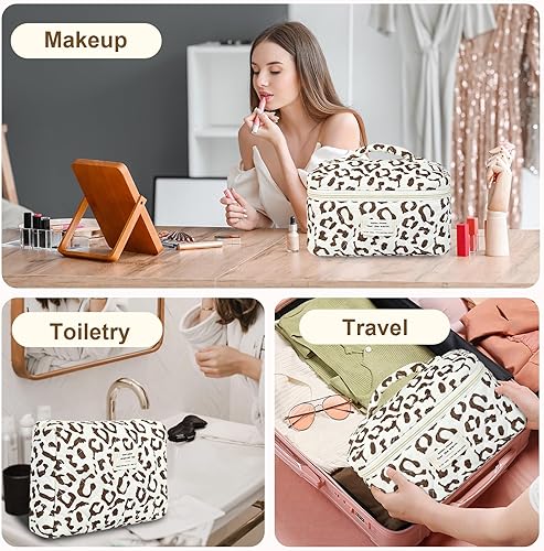 Miniatura 4 de Bolsa de maquillaje acolchada de algodón, 3 piezas, bolsa de cosméticos de viaje, bolsa de maquillaje floral, bolsa de aseo grande para mujeres