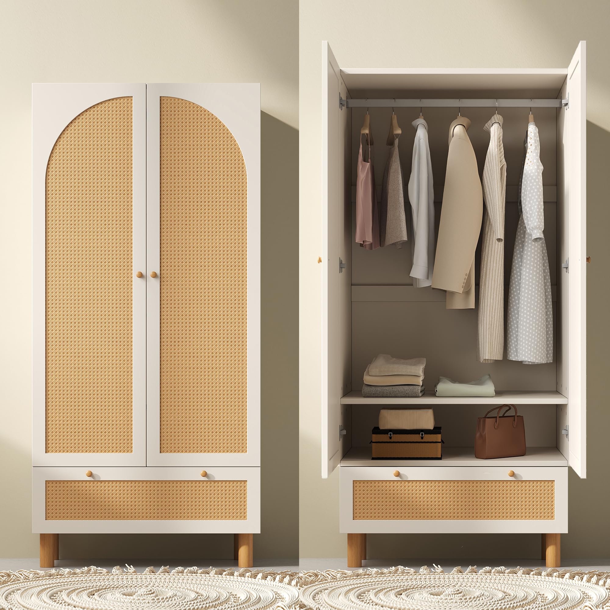 Armario con 2 puertas y ratán, estilo rústico, color blanco, con cajón grande, estantes ajustables en altura y barra para ropa, incluye protección antivuelco, 180 x 85 x 52 cm (alto x ancho