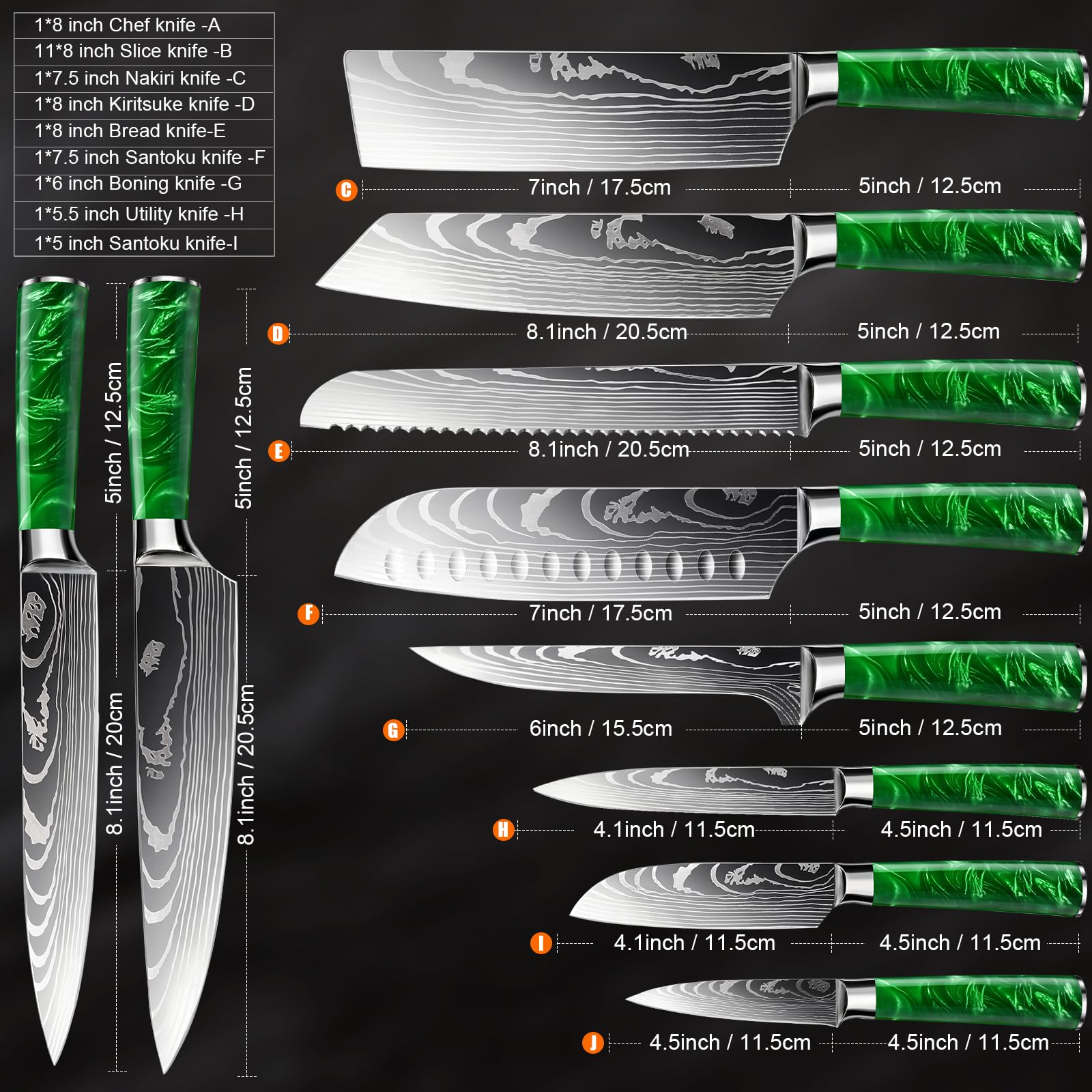 Set Coltelli da Cucina, 10pz, con Coltelli da disosso, Coltelli per frutta e Coltelli da Chef, Manico in resina, Acciaio Inossidabile, Damasco, set coltelli da cucina professionali(Verde)