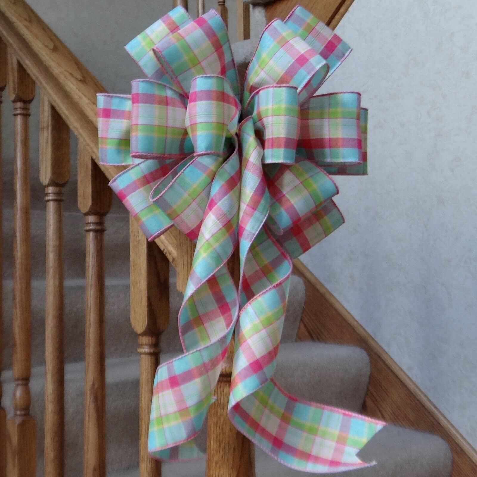 HIDOLI Christmas Bows for Wreaths, Handmade Mailbox Bows, Christmas Tree Topper Bows, 10" Wide Spring Summer Plaid Bow Decoration for Baskets, Gifts, Lanterns