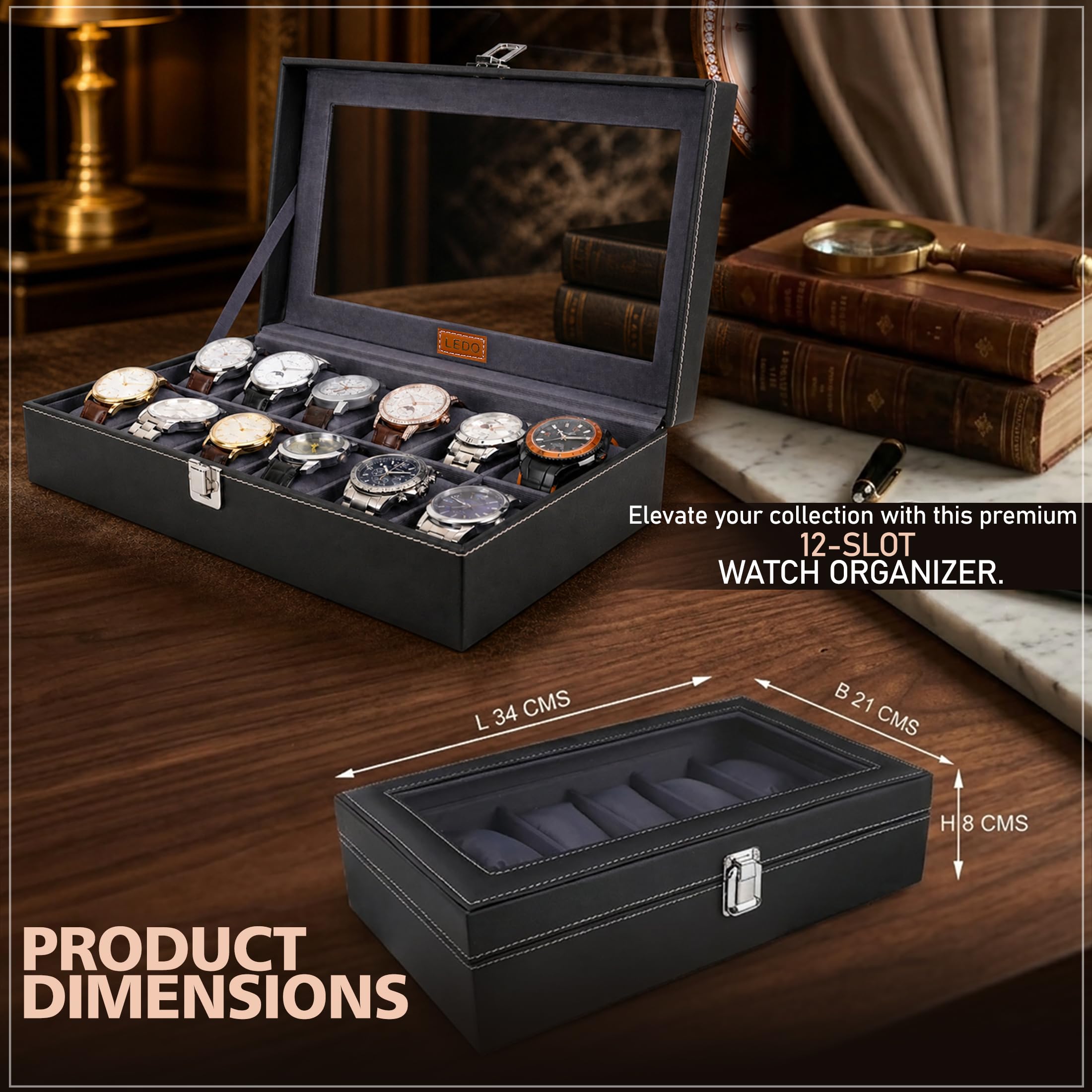 LEDO Men's and Women's Watch Box Holder Organizer Case In 12 Slots of watches In PU Leather with Black & Gray 2