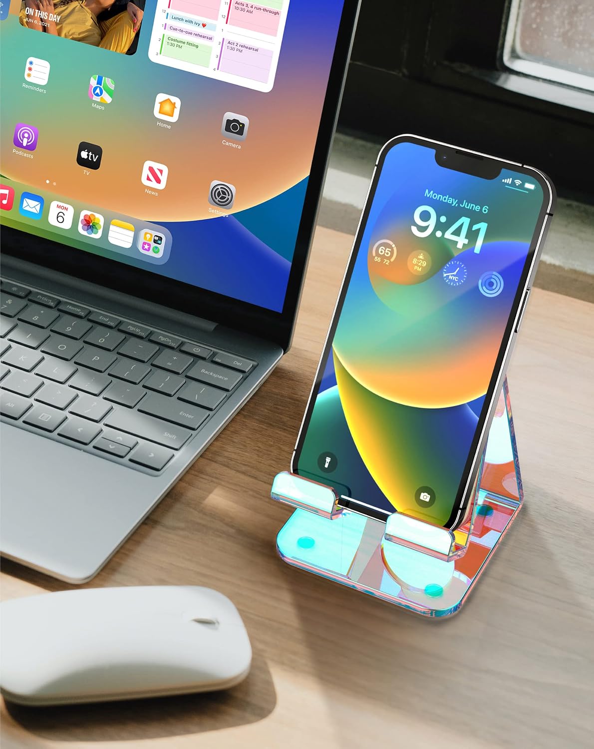 Acrylic Phone Stand, Clear Phone Holder for Office Desk, Vanity, Kitchen Counter, Bedside Table, Compatible with iPhone 17 16 15 14 13 12 Pro Max Plus/Smartphones/iPad/Switch - Iridescent Color