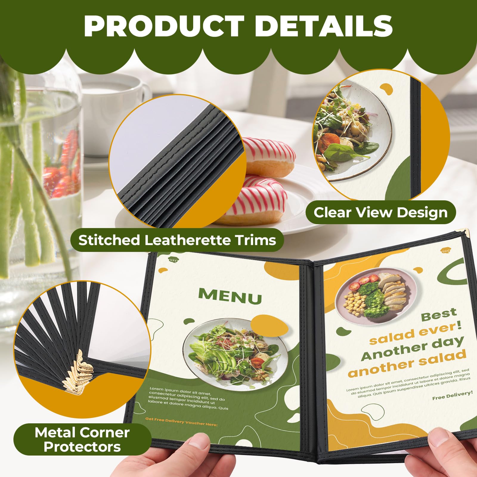 DASBET Couvertures de menu A5 pour menu de restaurant, 3 pages, 6 vues transparentes, chemises de menus noires, avec protections d'angle en métal, convient pour les restaurants, bars, cafés (5, 3