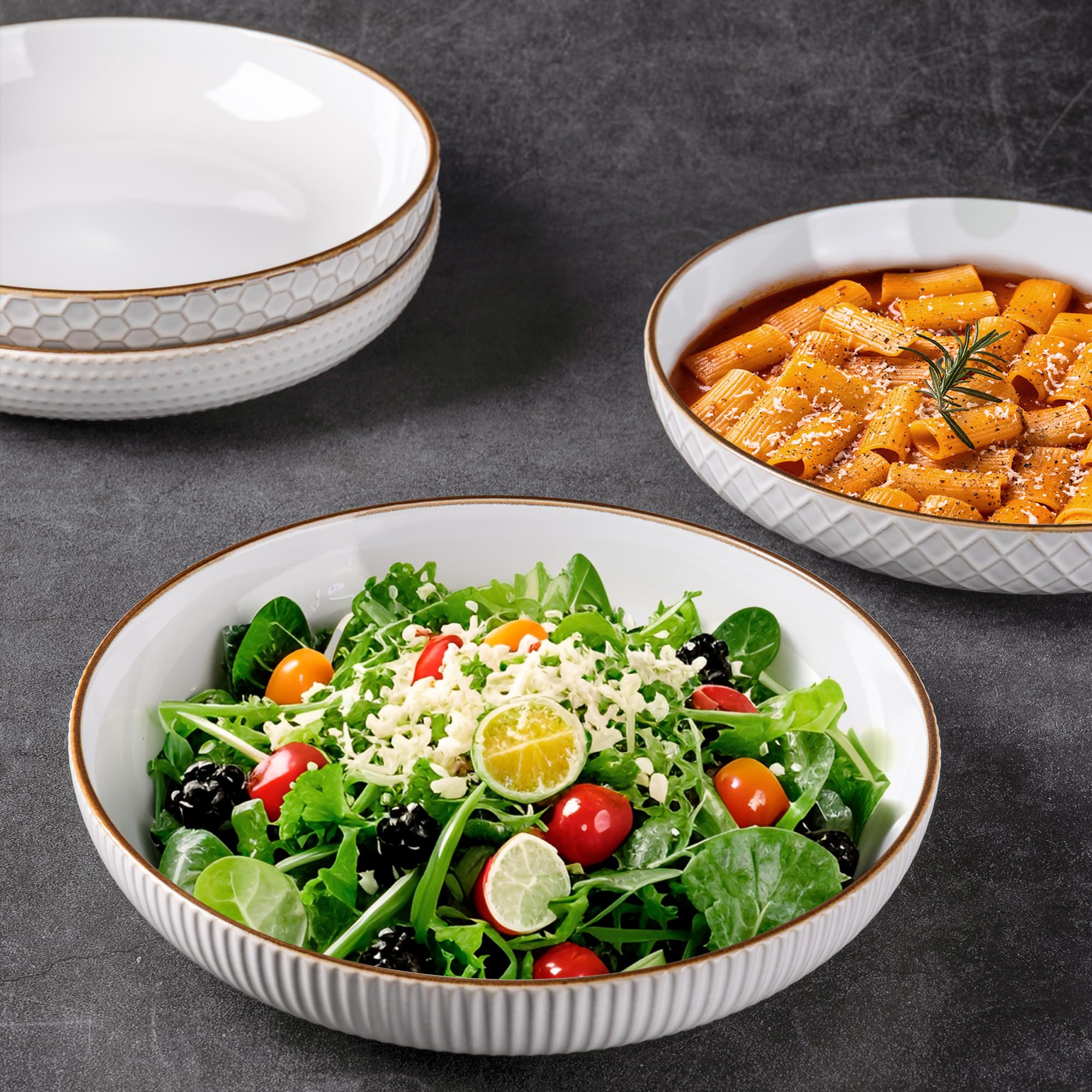 GBhome Steinzeug 4er-Set 1350 ml(42oz) große Nudelschalen, Salatschüsseln mit Strukturmuster für Küche, Pasta, Obst, Eintöpfe, Nudeln, Einweihungsgeschenk, spülmaschinenfest und stapelbar