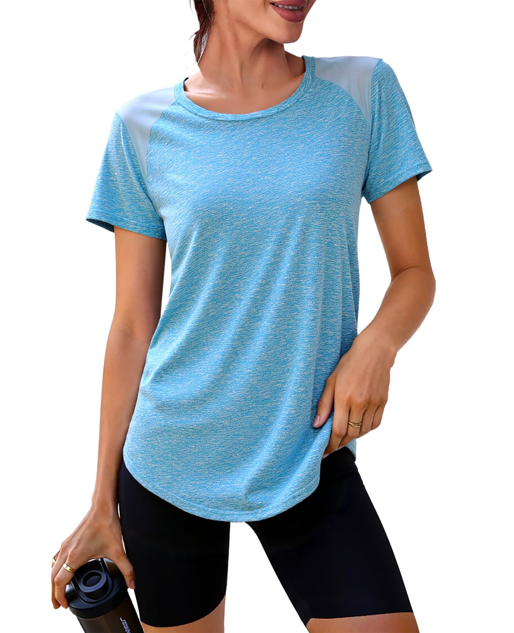 Crewhpo Sportshirt Damen Kurzarm Funktionsshirt Back Mesh Sportshirt Leicht Laufshirt Fitness Locker Sport Oberteile Atmungsaktiv Sport Tshirt Für Yoga Tennis S-XXL