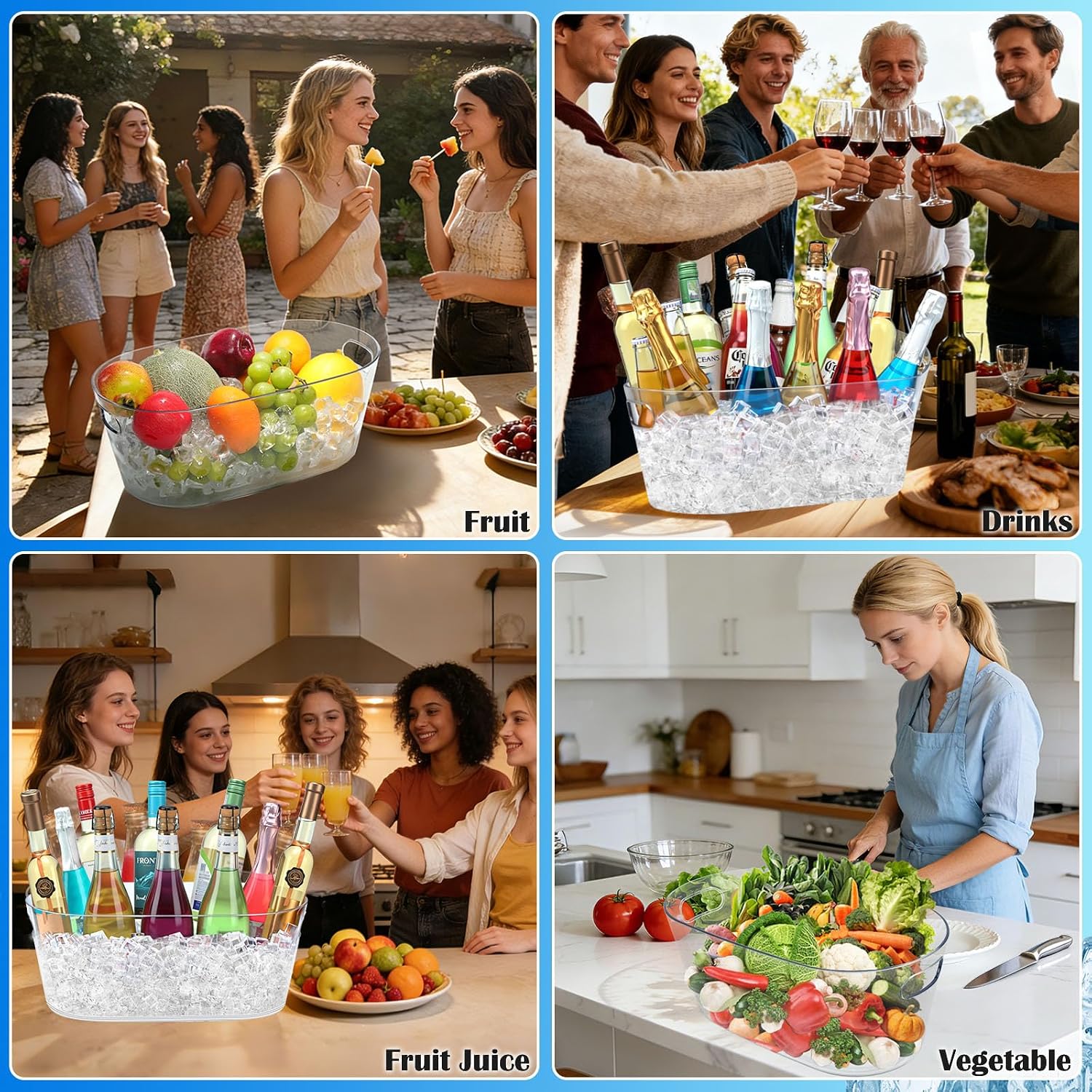 Ice Buckets for Parties 2 Packs, 15L Large Ice Bucket with 2 Scoops, Clear Acrylic Plastic Tub for Home Office Fridge Storage, Supplies for Champagne, Beer, Cocktail on Mimosa Bar Drinks and Parties