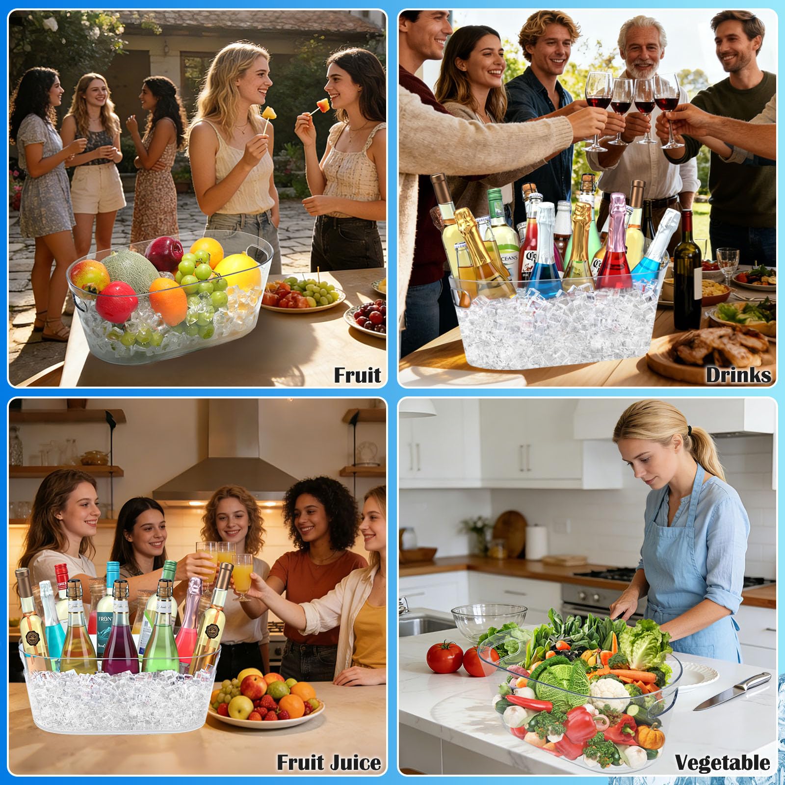 Eiskübel für Partys, 4 Packungen, 15 l großer Eiskübel mit 4 Schaufeln, transparenter Acryl-Kunststoffwanne für Zuhause, Büro, Kühlschrank, Zubehör für Champagner, Bier, Cocktail auf Mimose, Bar