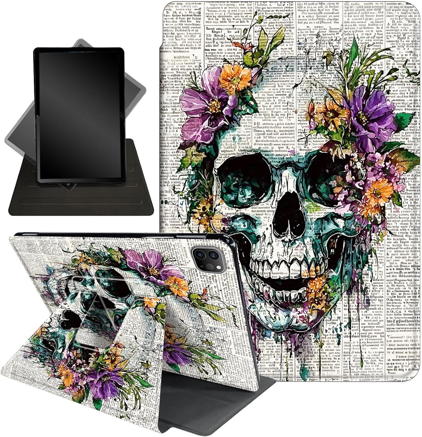 for iPad Air 13 Inch Case (M3/M2) 2025/2024,for iPad Pro 12.9 Case 2022 2021(6th 5th Generation),360 Degree Rotating Stand Smart Protective Cover Case,Skull Floral