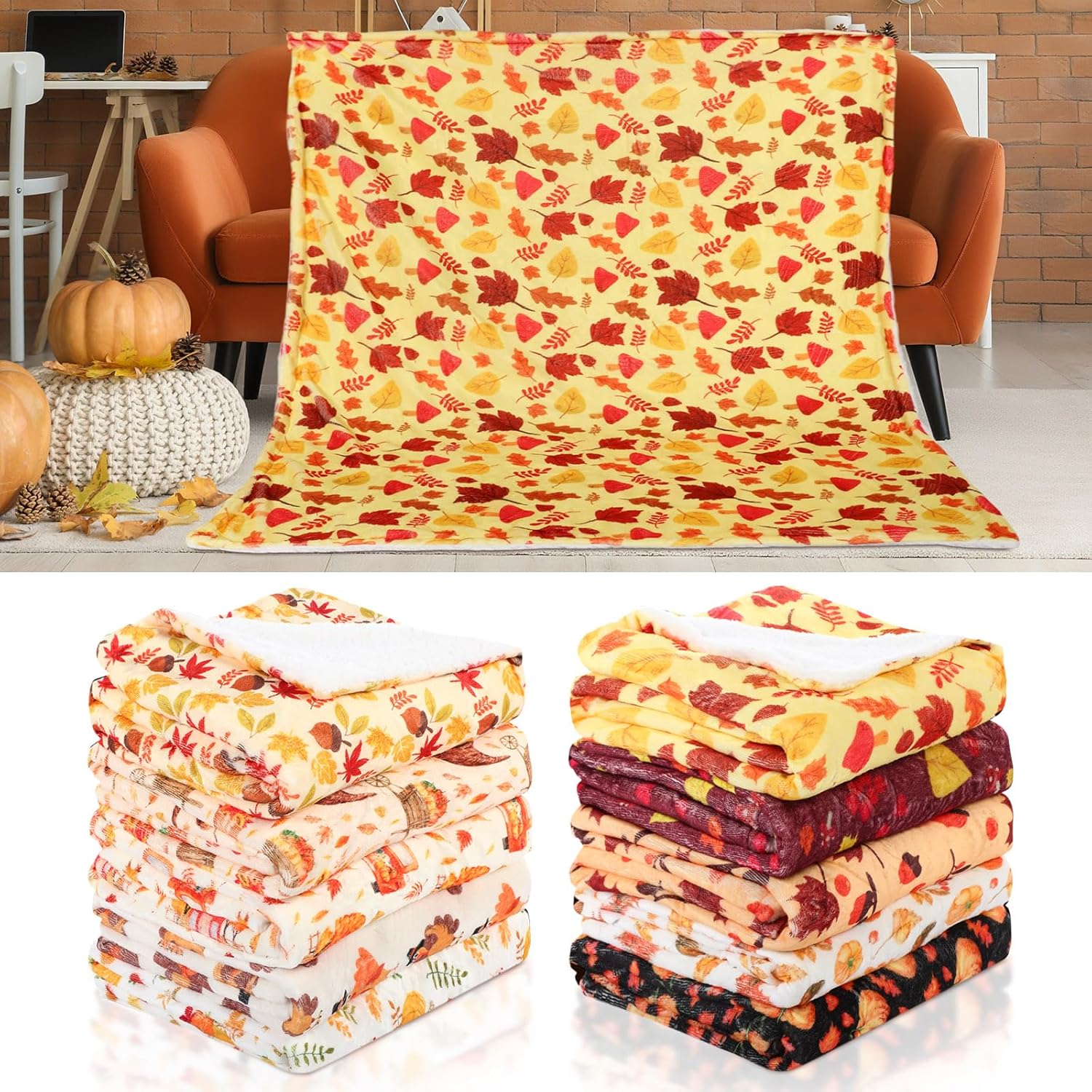 10 Pack Thanksgiving Throw Blankets, 51"x59" Fall Soft Flannel Blankets, Autumn Decor Gift Pumpkin Leaf Turkey Design, Cozy Farmhouse Decoration Throw for Couch, Bed, Chair, Sofa