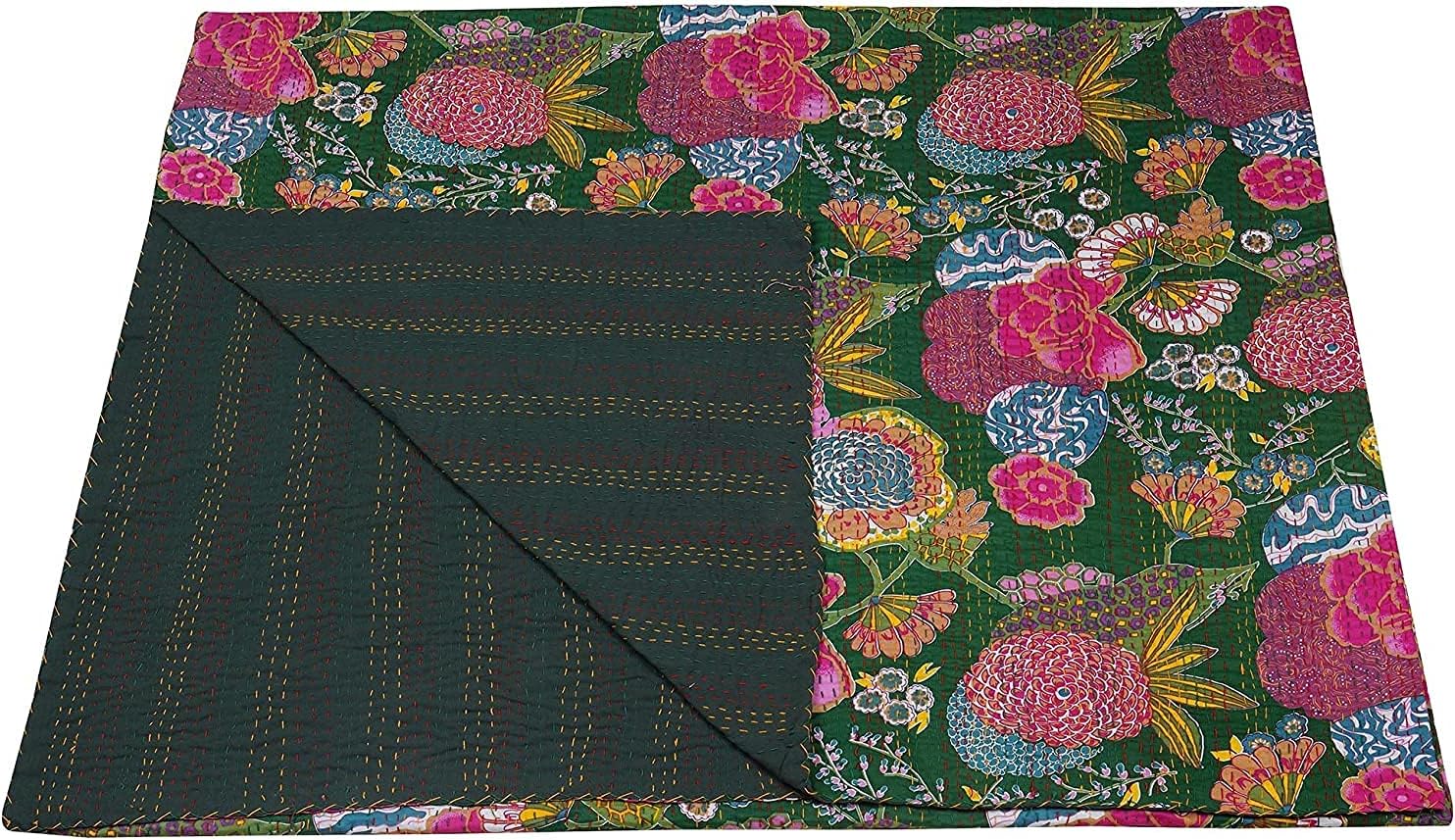 Indian Handmade Cotton Green Fruits Print Kantha Quilt Queen Tribal Bed Cover Reversible Bedspread Blanket Picnic Throw Floral Coverlet 108x90 Inches