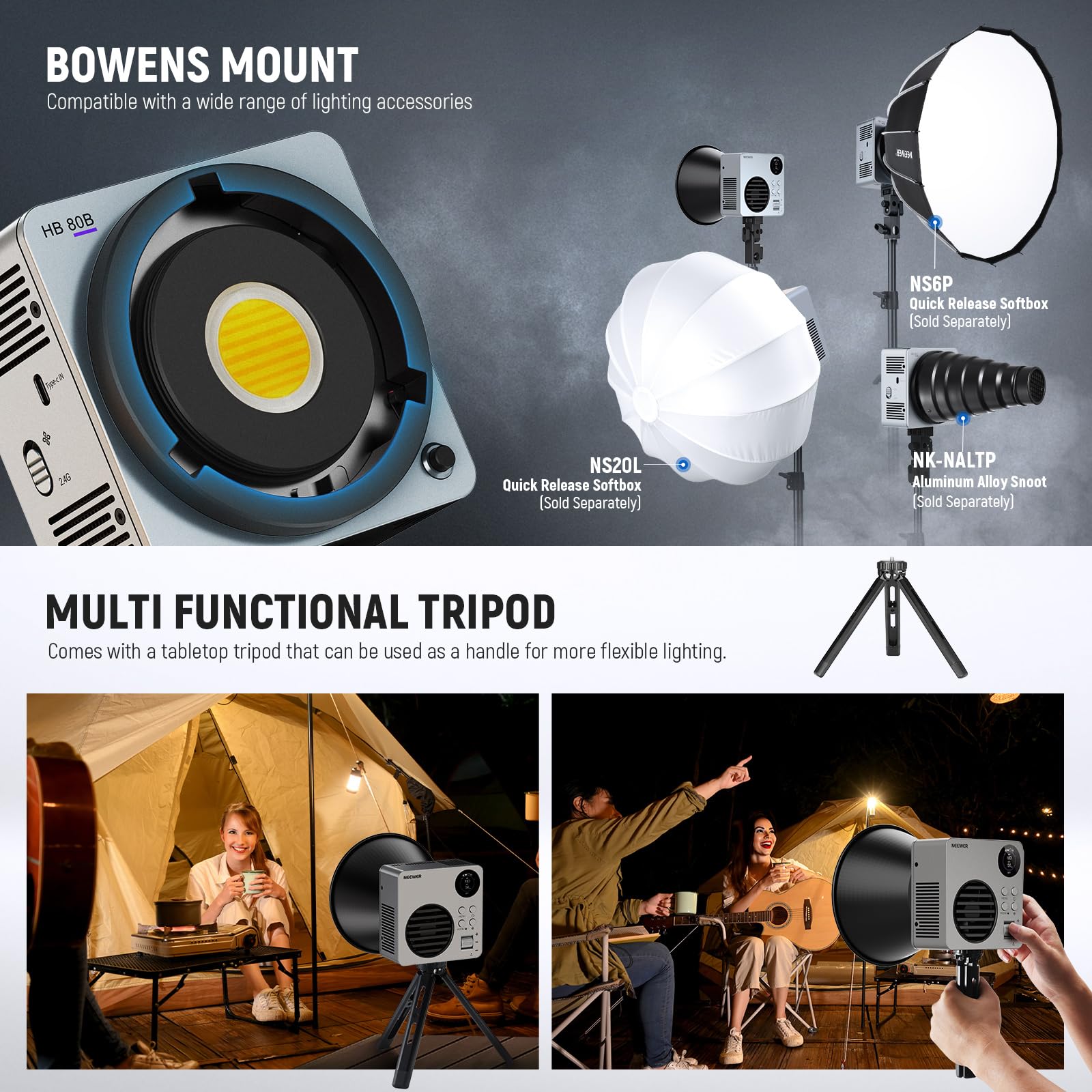 NEEWER 80W LED Video Light with 72Wh Battery/100W PD Fast Charging APP/2.4G Control Portable Bi Color Mini COB Studio Continuous Output Lighting 26500lx/1m 2700-6500K Dimmable CRI95+ 13 Scenes, HB80B