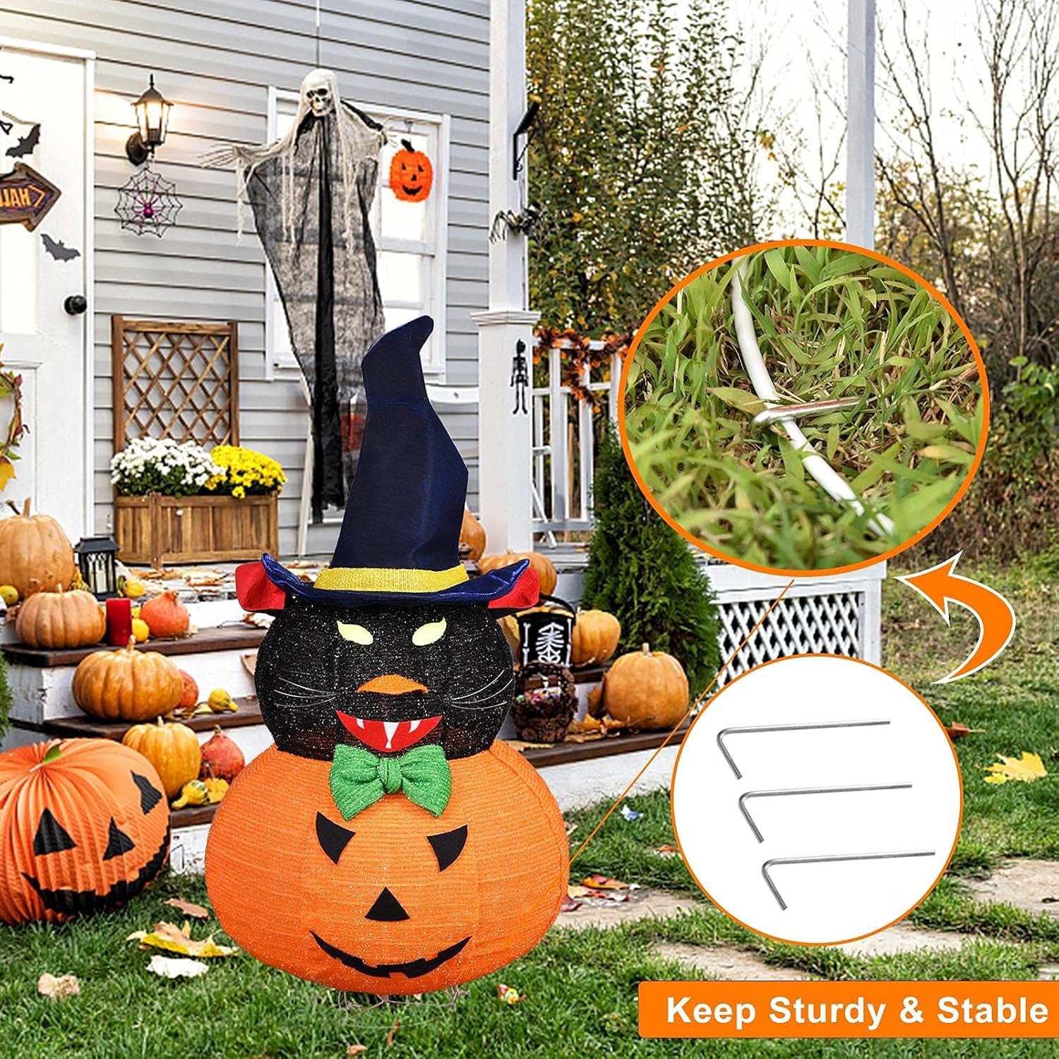 FLAGLY Lighted Halloween Decoration Pre-lit Light Up Black Cat and Jack O Lantern Pumpkin Witch Hat Collapsible Waterproof Holiday Decor for Home Indoor Outdoor, Party Lawn Garden Patio Yard Pathway : Patio, Lawn & Garden