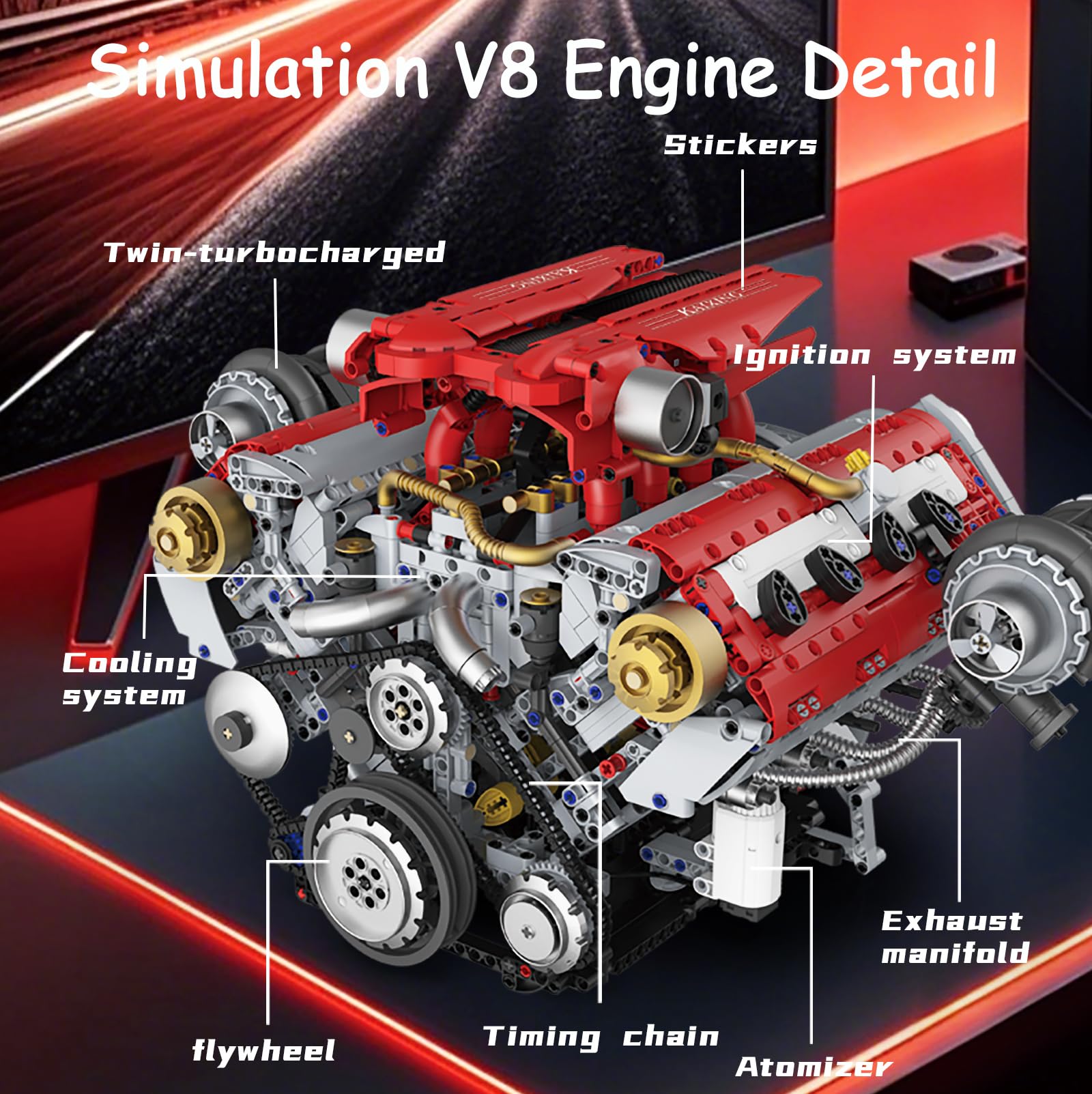 Technik V8 Motor Bauspielzeug Erwachsene, Auto Engine Modellbausatz mit Motor/Licht/Rauch, DIY-Hobbyprojekt MOC STEM Spielzeug, Geschenke für Kinder und Jugendliche 14+ (3201 Teile)