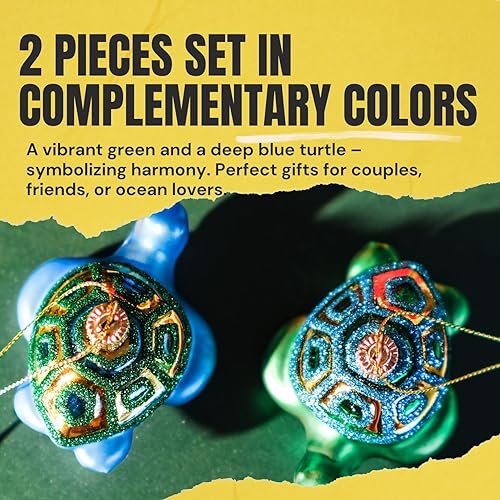 Miniatura 6 de Adornos de Navidad de tortuga marina soplada a mano, juego de 2 tesoros oceánicos con detalles dorados, decoración costera de vidrio soplado a boca,