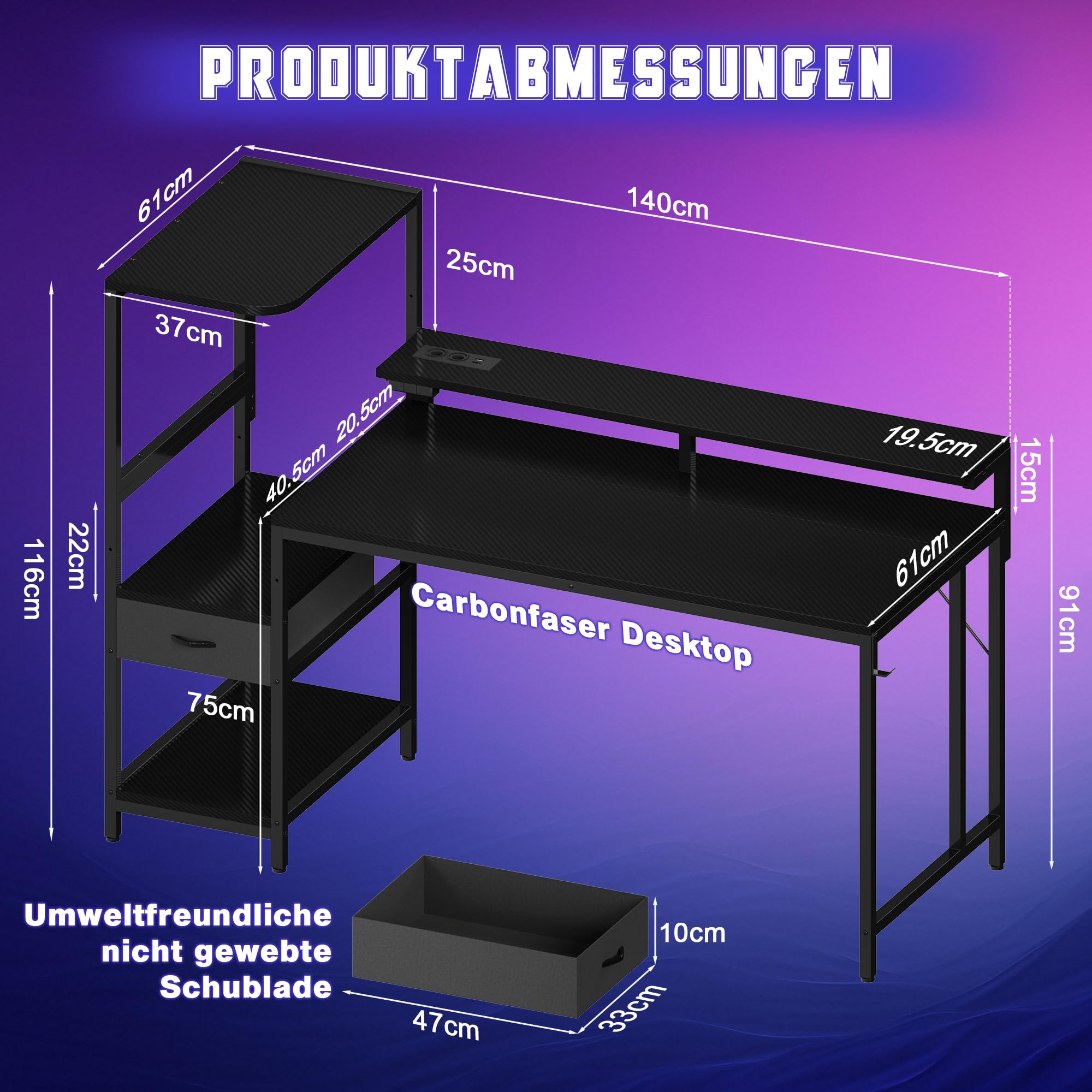 JUMMICO 140×60cm Gaming Tisch mit Steckdose & Lichtleiste, umkehrbarer computertisch mit Monitorständer, schubladen & Ablagefach, Kopfhörerhaken, Gaming Schreibtisch Carbon Fiber Schwarz