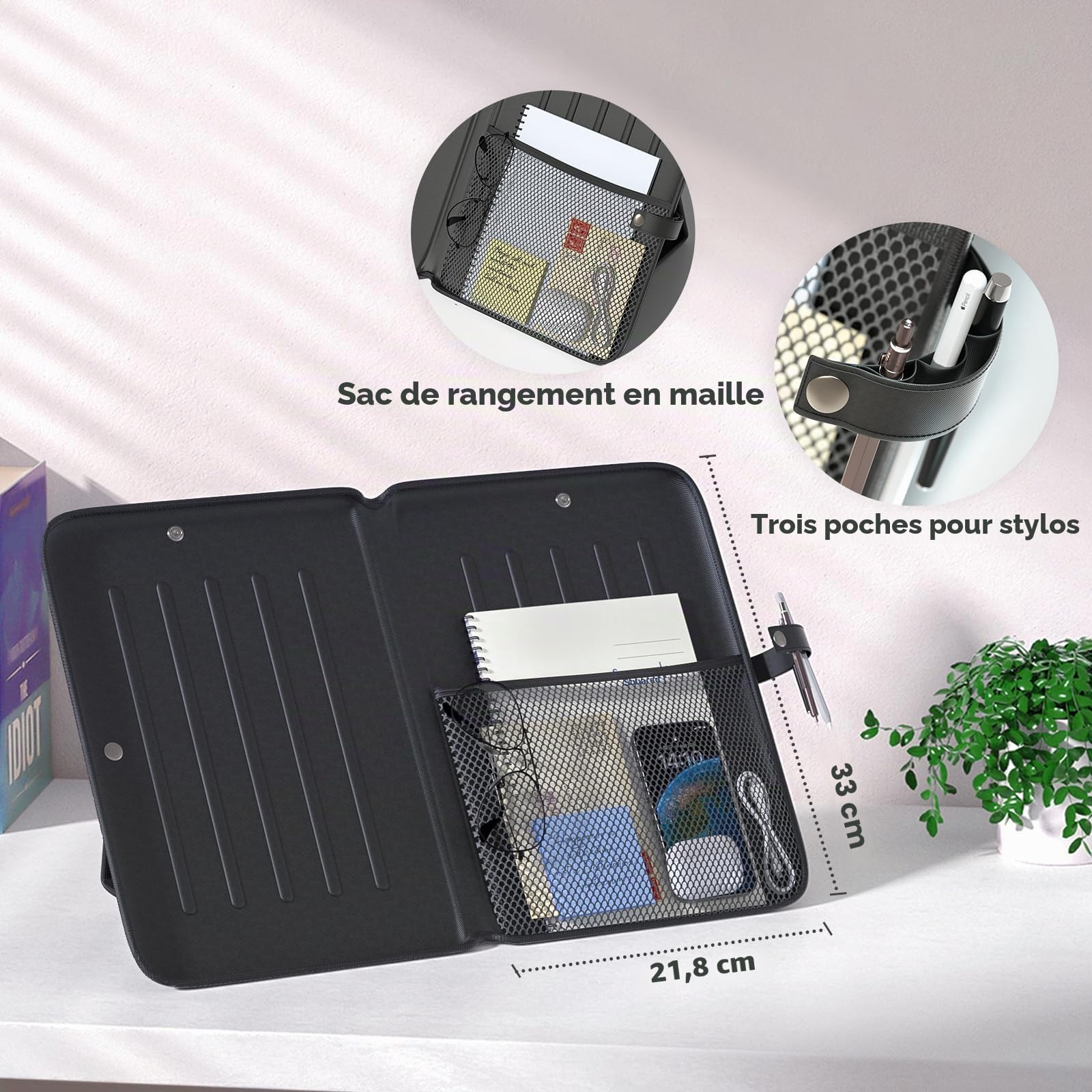 KDD 3 en 1 Support Livre Ouvert, Presentoir Livre Portable avec Sac de Rangement en Filet, Pupitre de Lecture avec 3 Fentes pour Stylos, Porte Livre Léger avec Sangle de Maintien Adapté à Tablette