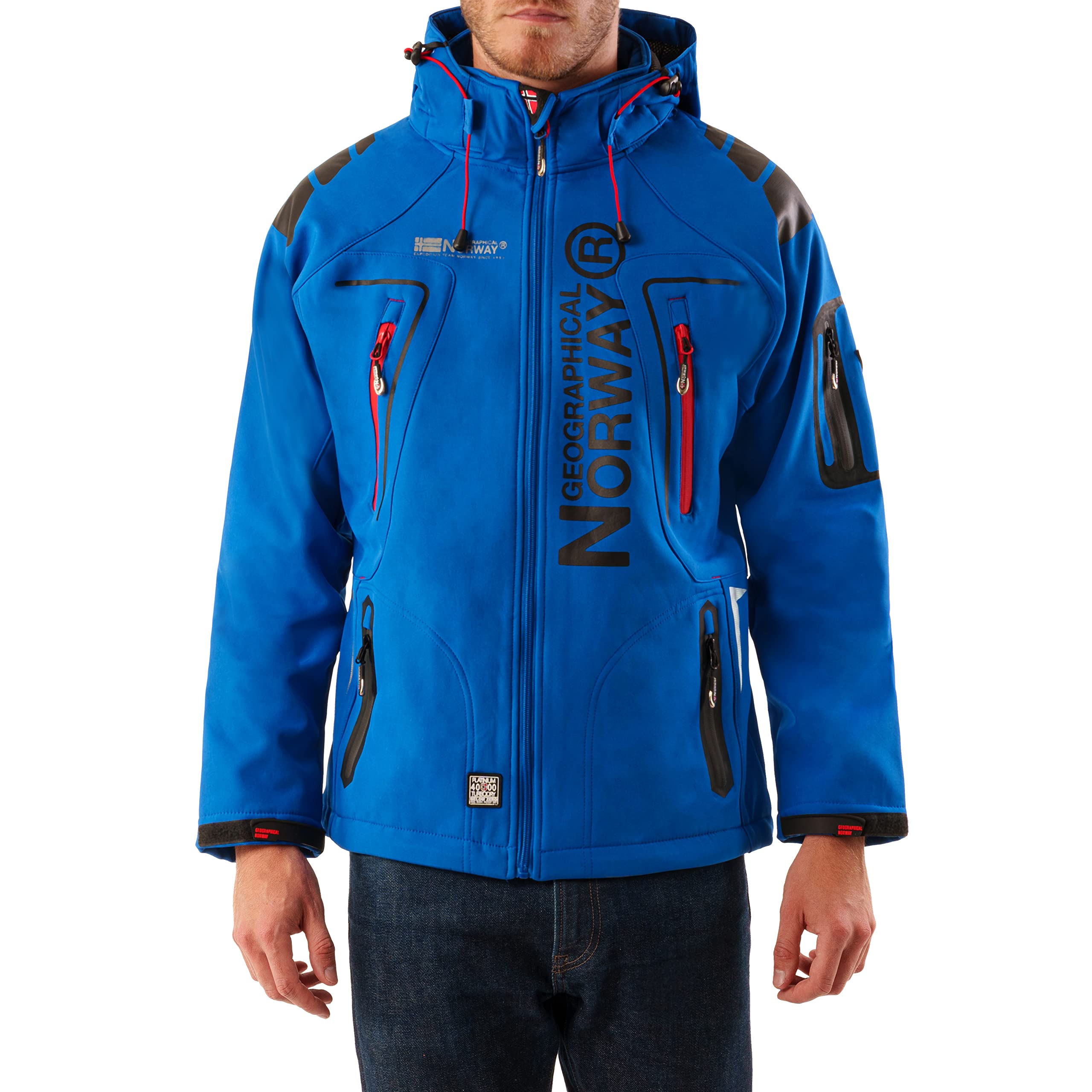 Geographical Norway Męska kurtka softshellowa, funkcyjna, outdoorowa, wodoodporna, w zestawie z beanie urbandreamz, Royal Tn, S