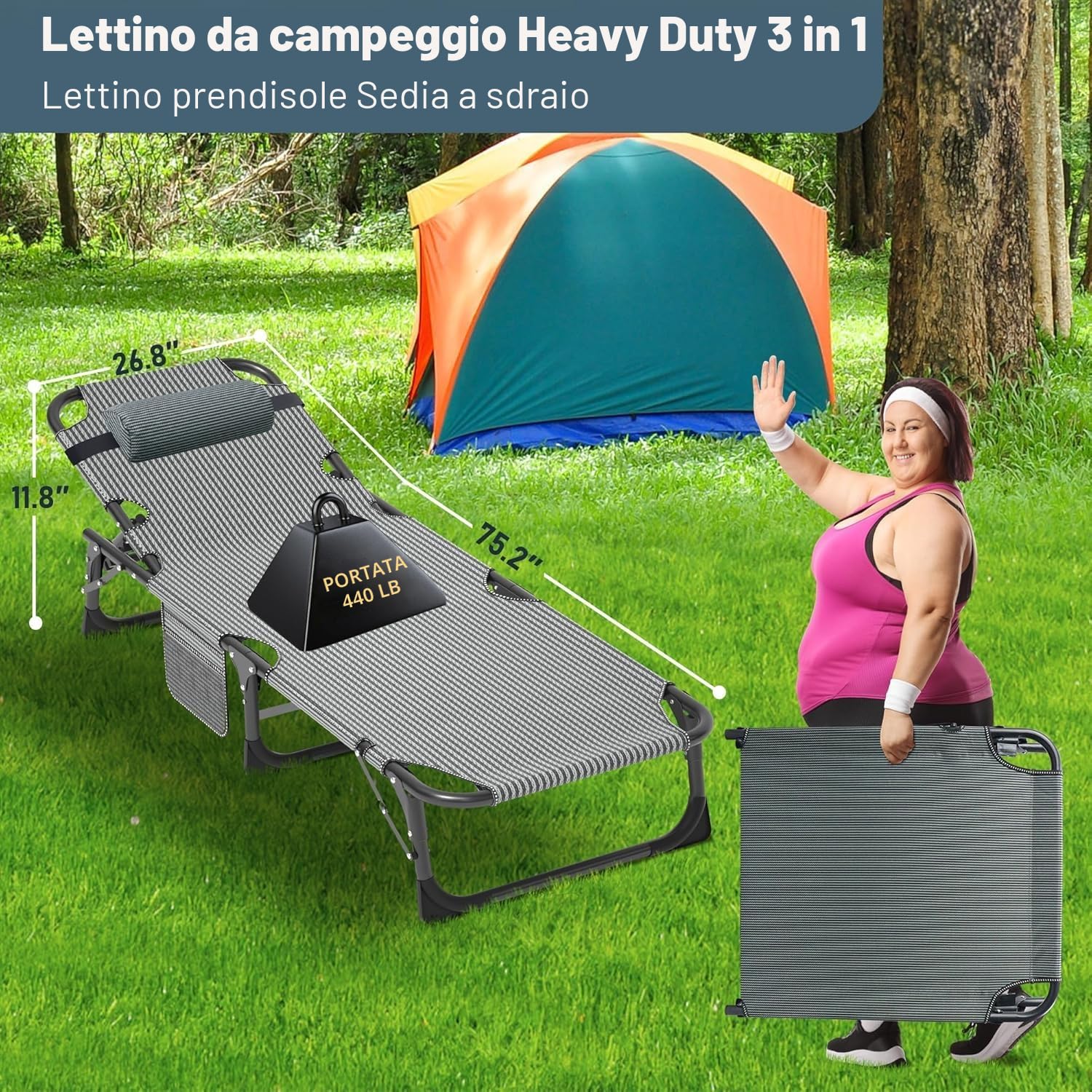 Lettino da campeggio pieghevole, letto per ospiti resistente da 200 kg con materasso, poggiatesta e tasche laterali, schienale regolabile, ideale per prendere il sole in giardino e in piscina