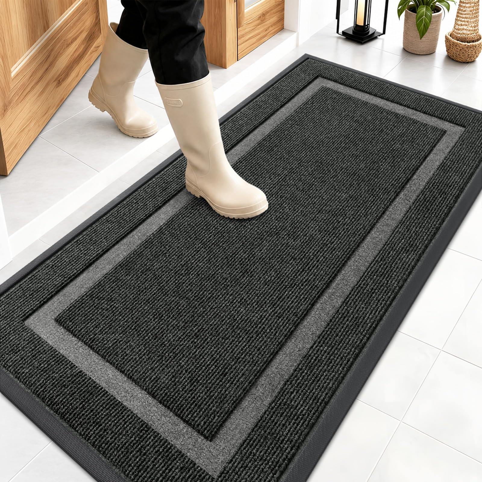 OLANLY Front Door Mat Outside 47x23, All-Season Heavy-Duty Rubber Doormat | Black, Absorbent, Stain and Fade Resistant, Waterproof Non-Slip Backing, Low-Profile Indoor Outdoor Floor Mat for Entryway