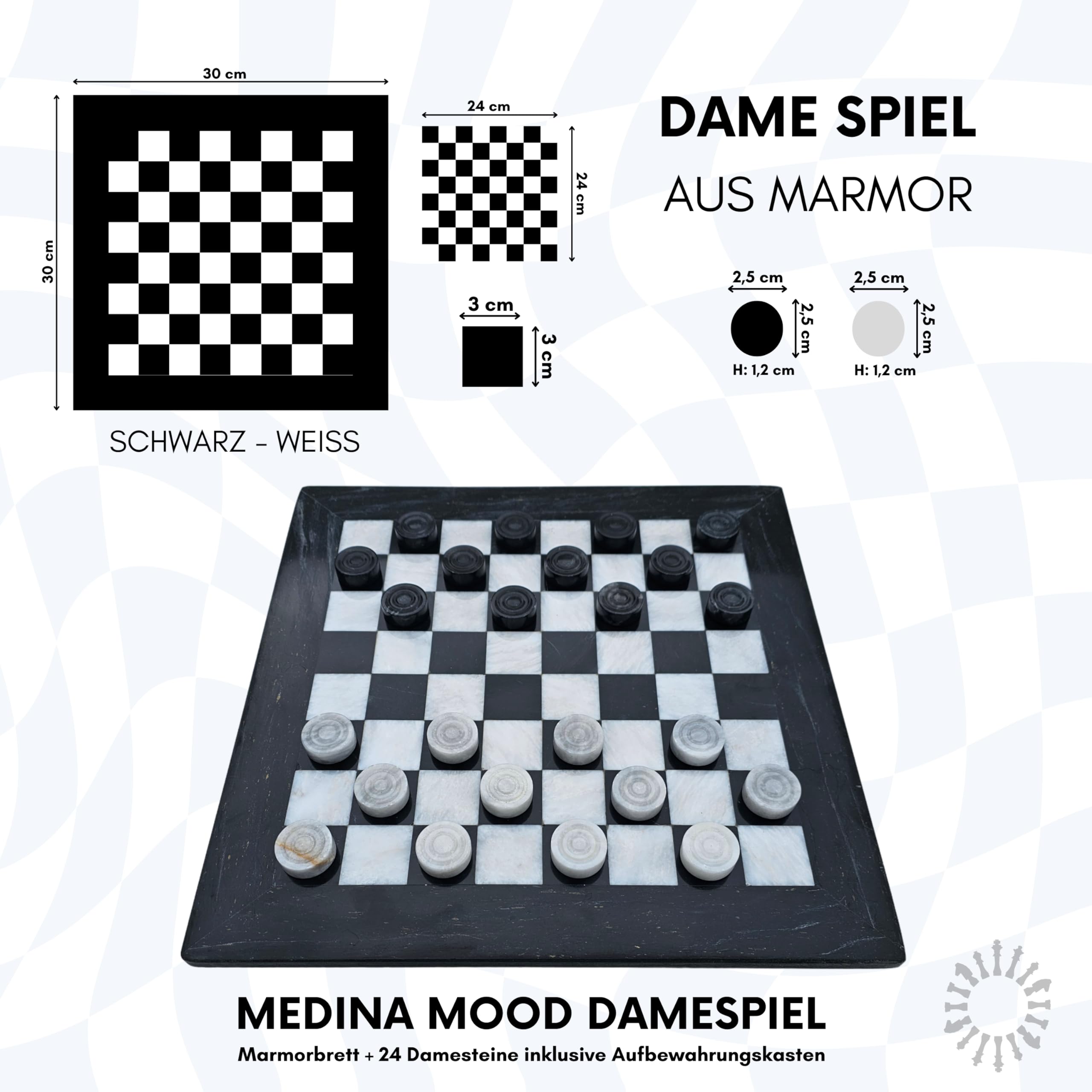 Gioco da donna in marmo, 12 pollici, 30 cm, con 24 pietre da donna, colore nero e bianco-grigio, prodotto naturale, fatto a mano, idea regalo