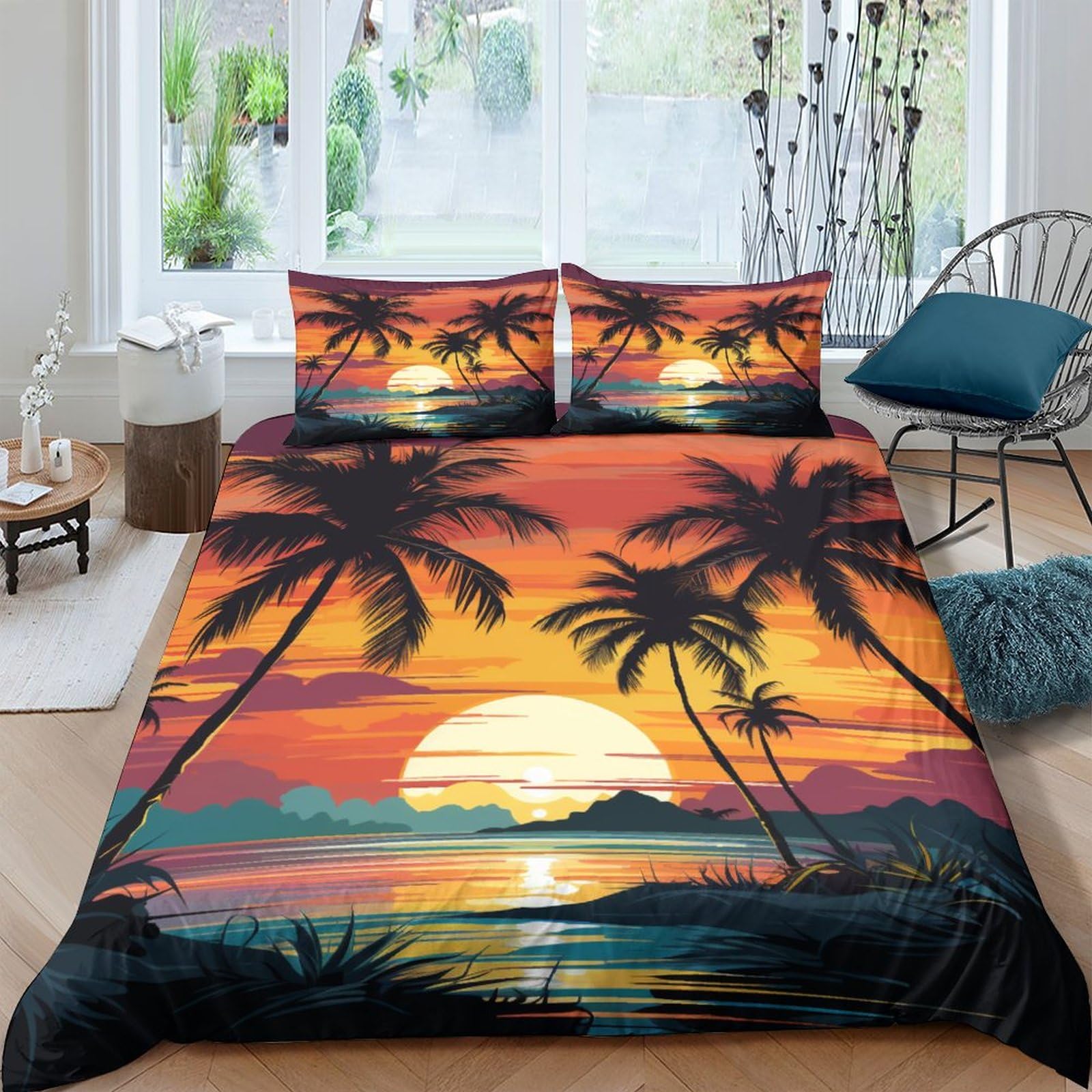 HOTGE Beach Duvet Cover Set,Evening Sun 3D Bedding Set with Microfiber Pillowcases & Zipper Closure Quilt Case Printed Effect for Boy Girl Double（200x200cm）