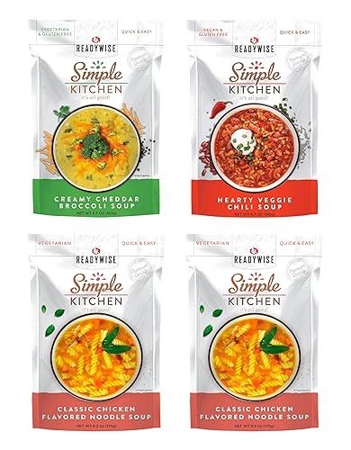 ReadyWise Simple Kitchen Soups - Paquete variado 4 unidades  16 porciones  Opciones veganas y sin gluten