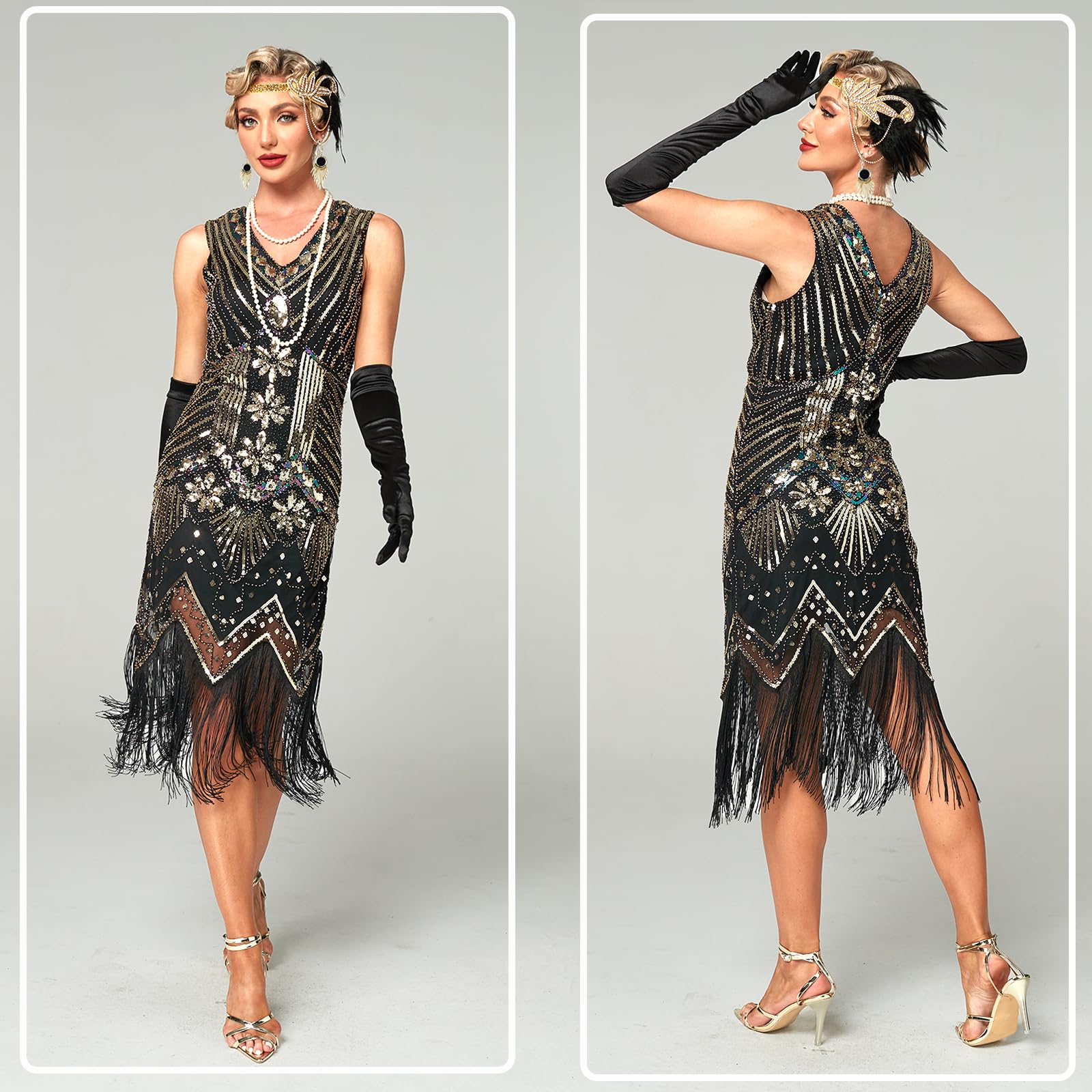 Panngu Robe à Franges à Sequins des Années 20 avec Ensemble d'Accessoires pour Déguisement Charleston et Gatsby Femme.