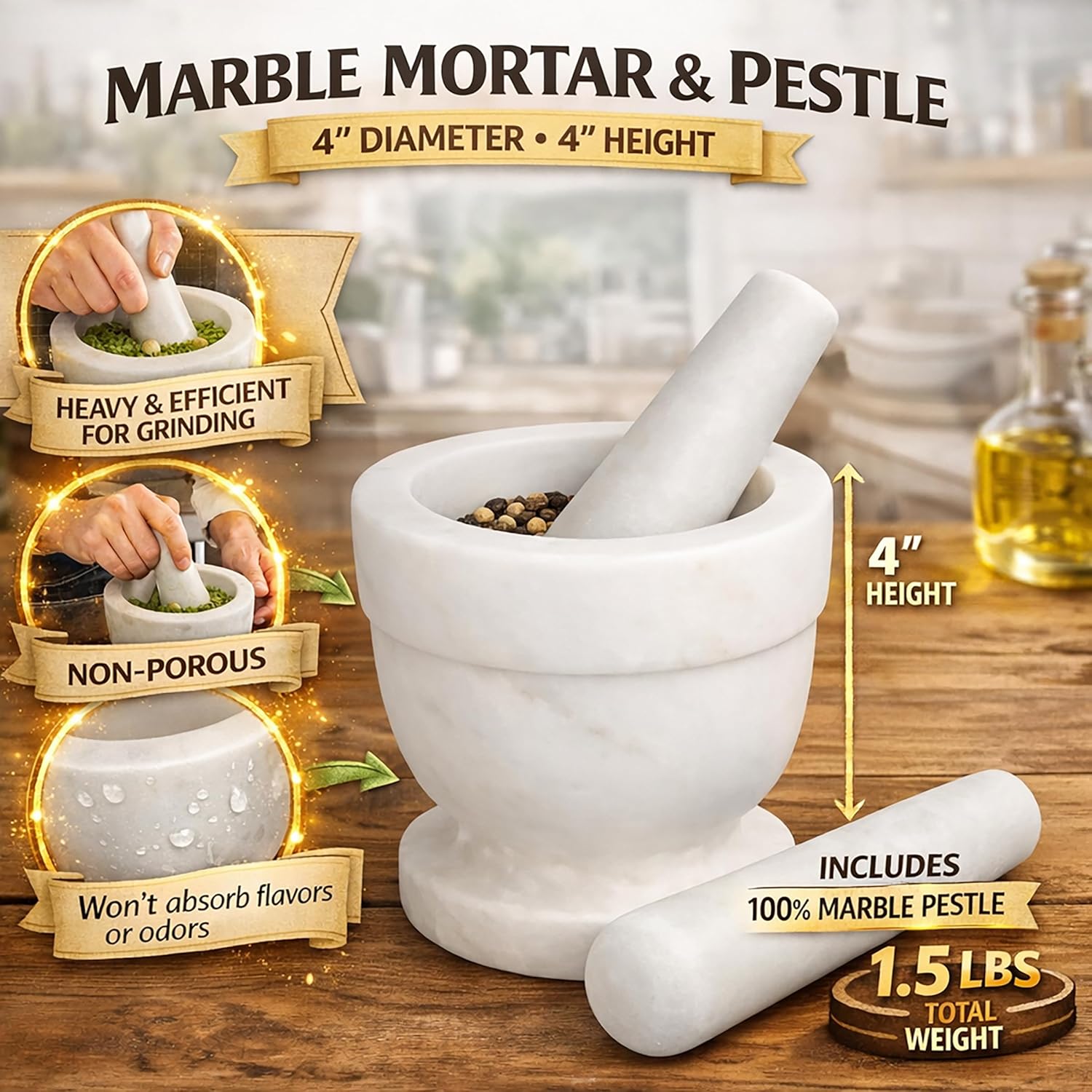 Creative Home Handcrafted 4 inch Mortar and Pestle Solid Marble Grinder for Spices and Herbs Artisan Carved from Yushan Marble Elegant and Durable for Everyday Cooking, 4 Diam. x 4 H Inch