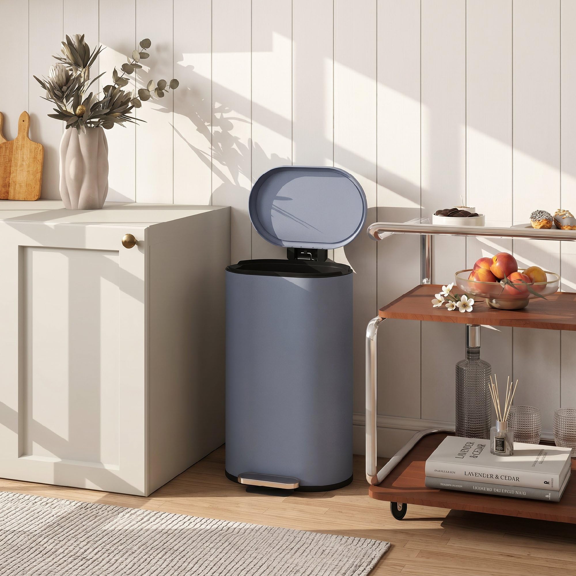 HOMCOM 30L Cestino 90° Coperchio Stay-Open Slim Rett. Ped. Grigio | Soft-Close Coperchio, secchio interno rimovibile, per casa e ufficio, antimpronta