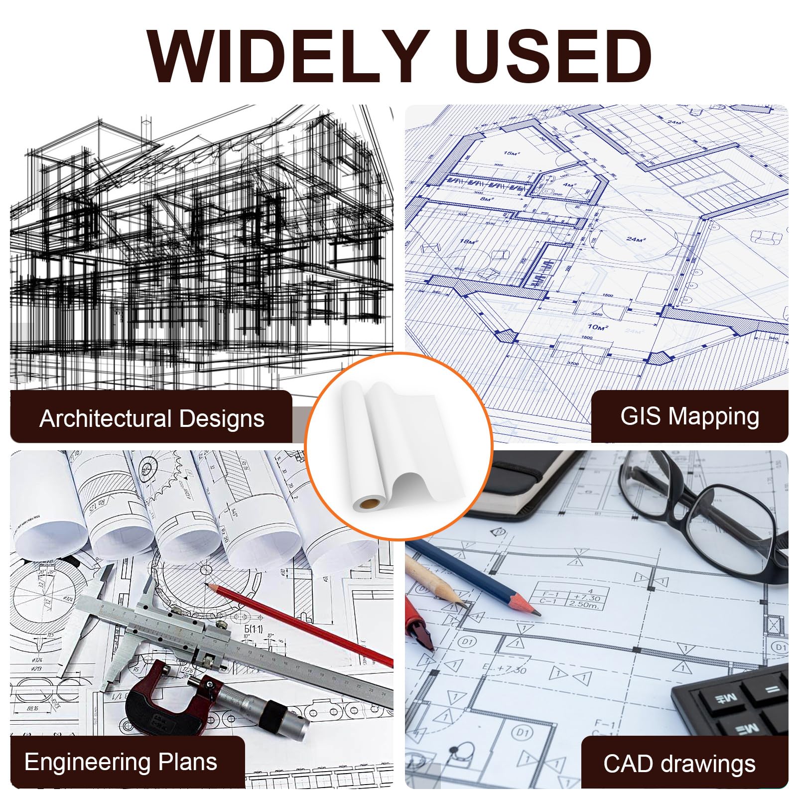 5 Rollen Plotterpapier 61cmx45m CAD Papierrollen mit 5cm Kern CAD-Druck Großformatpapier 80GSM Ingenieure Architekt Designer Professionelle Plotter Papier