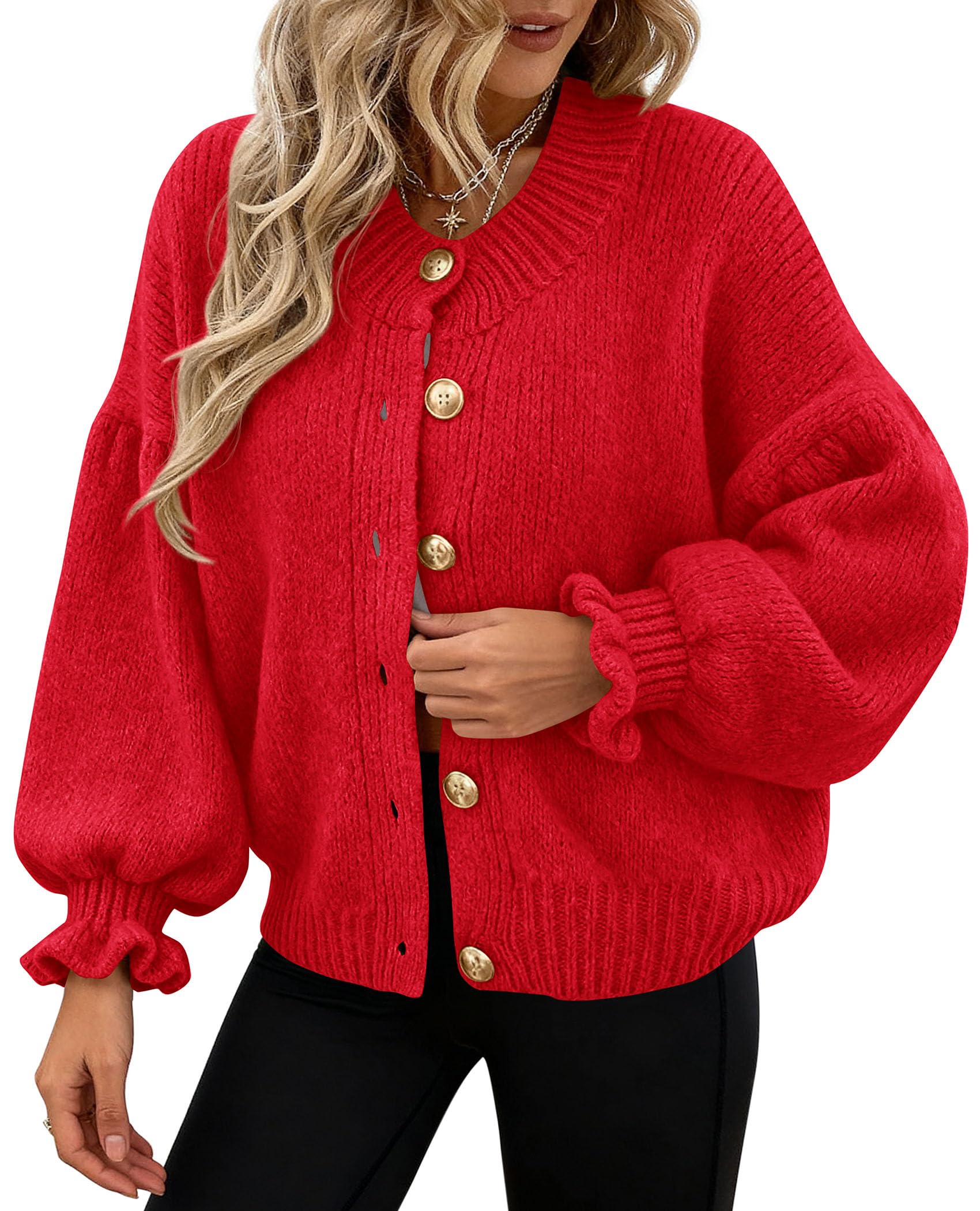 PRETTYGARDEN Womens Cropped Cardigans Trendy 2025 Ruffle Open Front Chunky Knit Sweater Oversized Button Down Fall Clothes