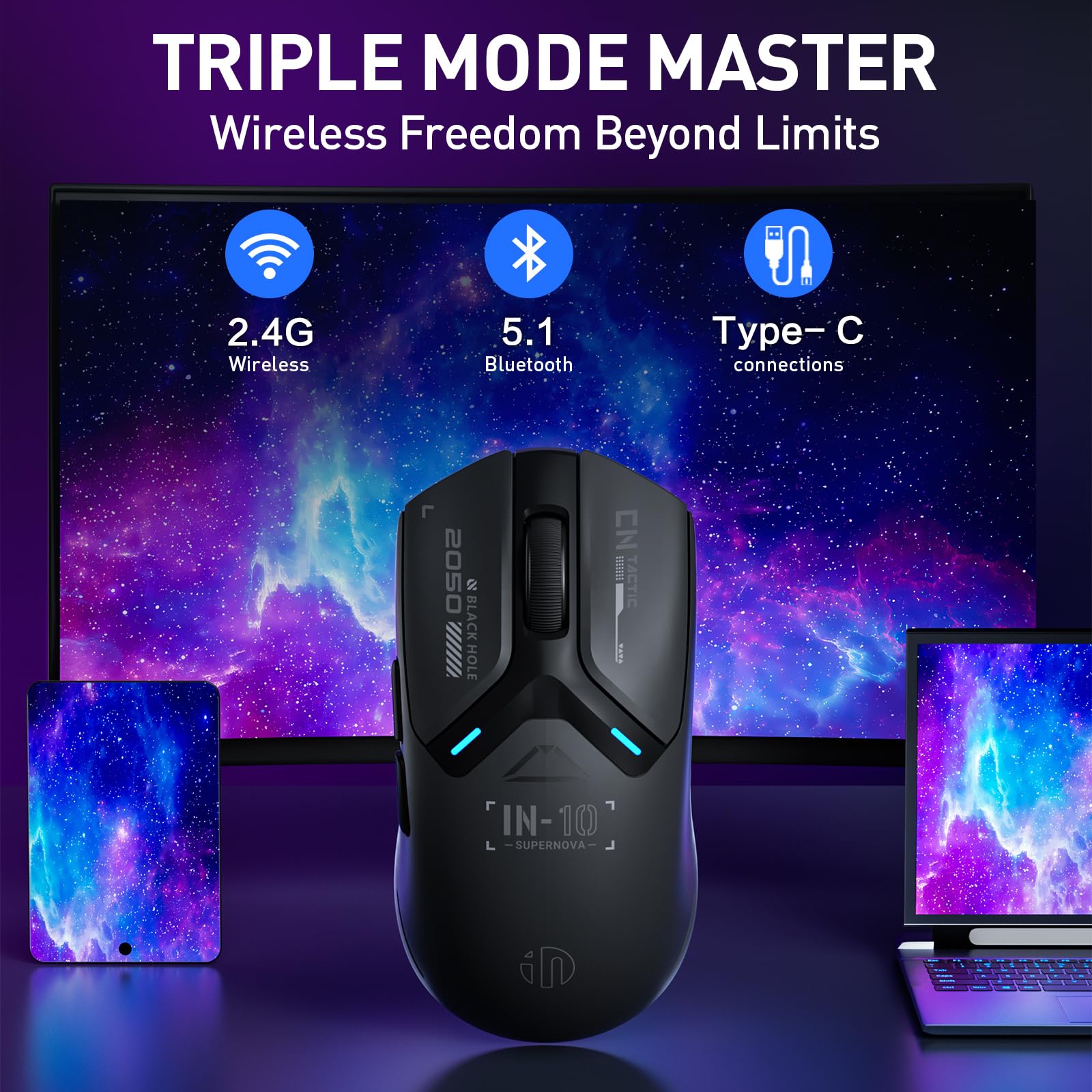 INPHIC IN10P - Mouse da gioco wireless superleggero, sensore 25K, 26.000 DPI, 5 pulsanti programmabili (IN10P-F)