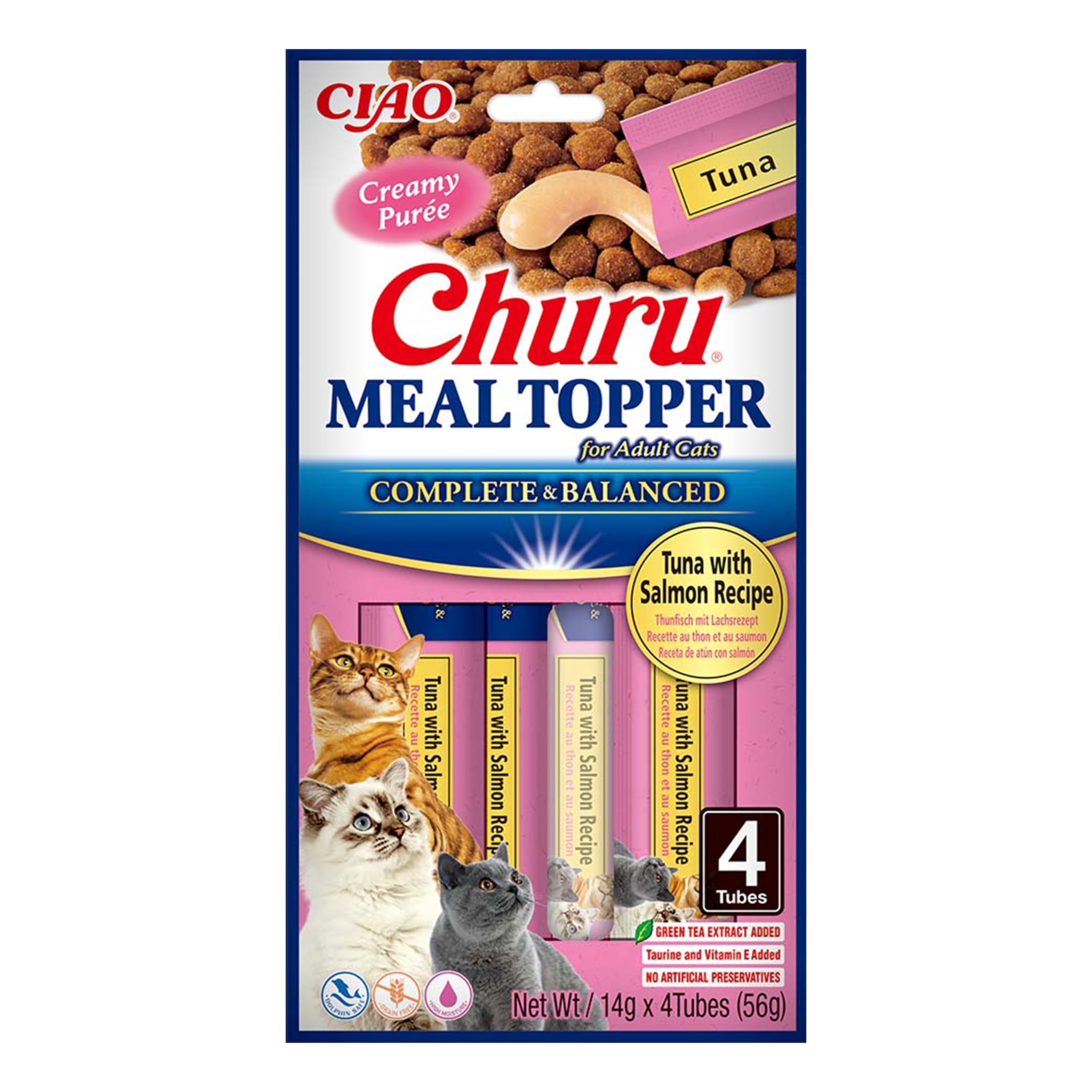 Churu Meal Toppers by INABA Cat Treat - Tuna with Salmon Recipe (4 x 14g) / Soft & Creamy, Delicious & Healthy Purée Food Topper, Natural, Grain Free, Wet Cat Food