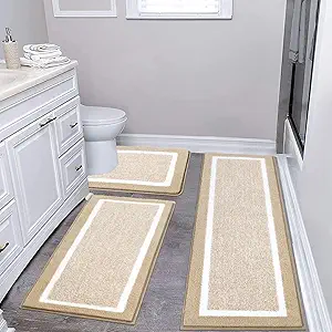 Pauwer 3-Piece Bathroom Rug Set: Microfiber Shaggy Bath Mats, Non-Slip, Machine Washable, Beige, 20"x32" + 20"x59" + U Shape 20"x24"