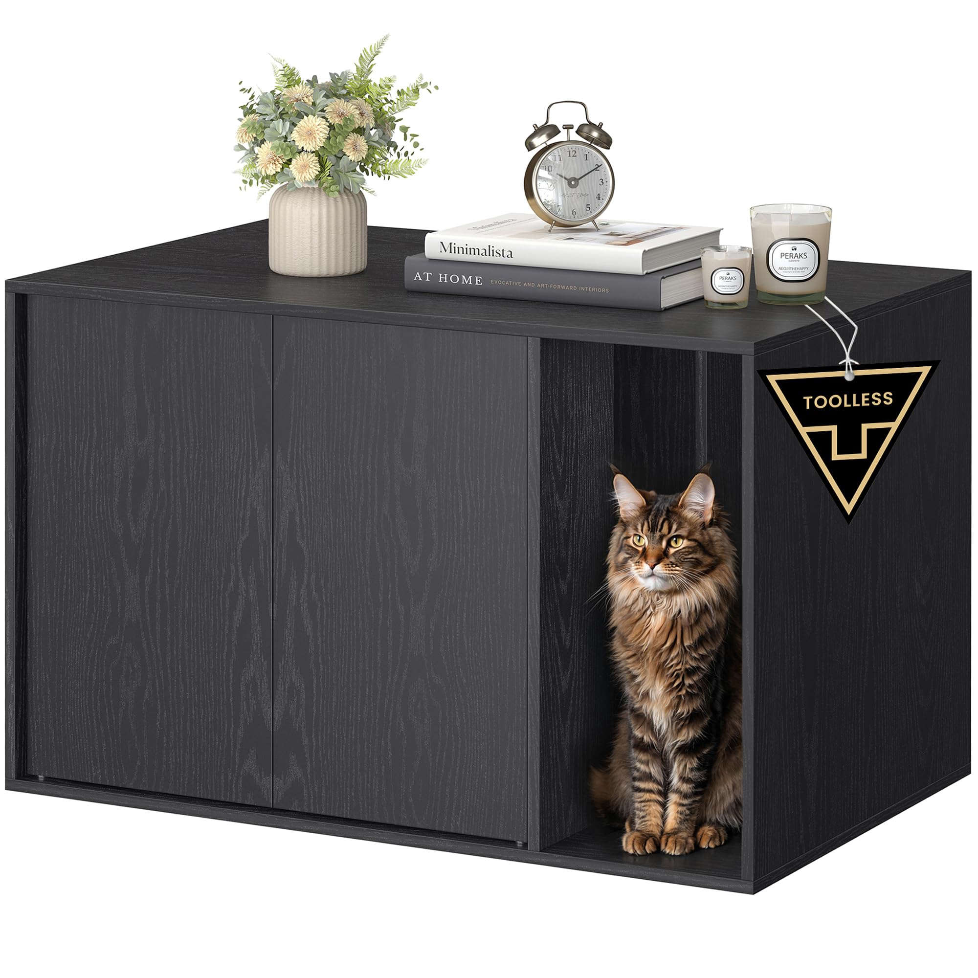 SONGMICS HOME Armadietto per Lettiera, Montaggio Rapido Senza Attrezzi Toolless, Casetta per Gatti Grandi, Porte a Spinta per Aprire, Tecnologia TOOLLESS, Nero Ebano PCL013B03