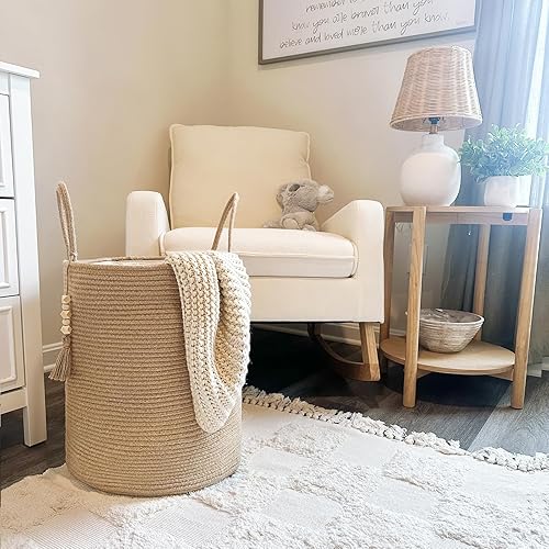 Miniatura 2 de CherryNow Cesta de lavandería tejida alta, cesta decorativa para manta para sala de estar, cesta redonda de mimbre para toallas, ropa, cesta de yute