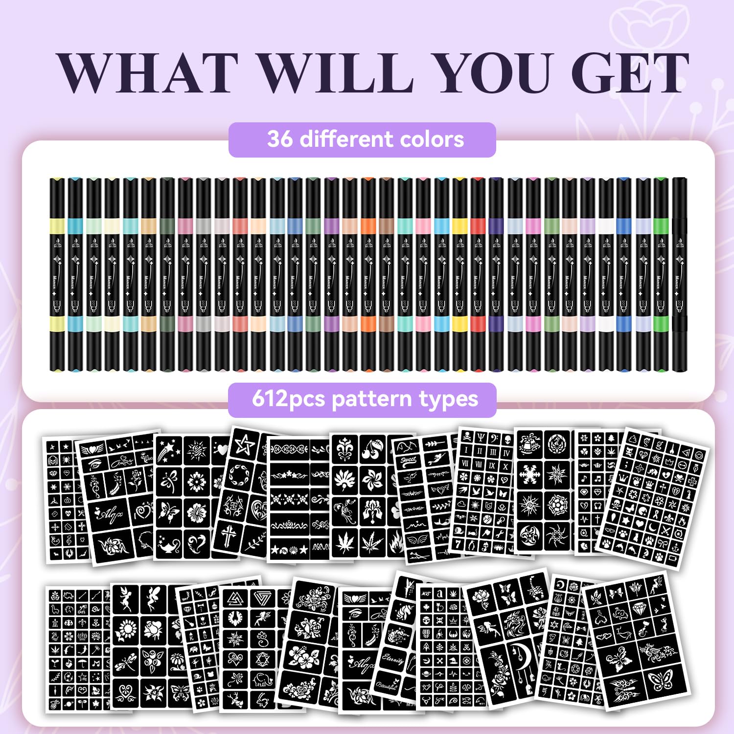 Temporary Tattoos Markers for Skin, 36 Body Markers+612 Large Tattoo Stencils, Temporary Tattoos for Kids and Adults, Dual-End Tattoo Pens, Bright colors, Flexible Brush Tip, Cosmetic-Grade, Skin-Safe
