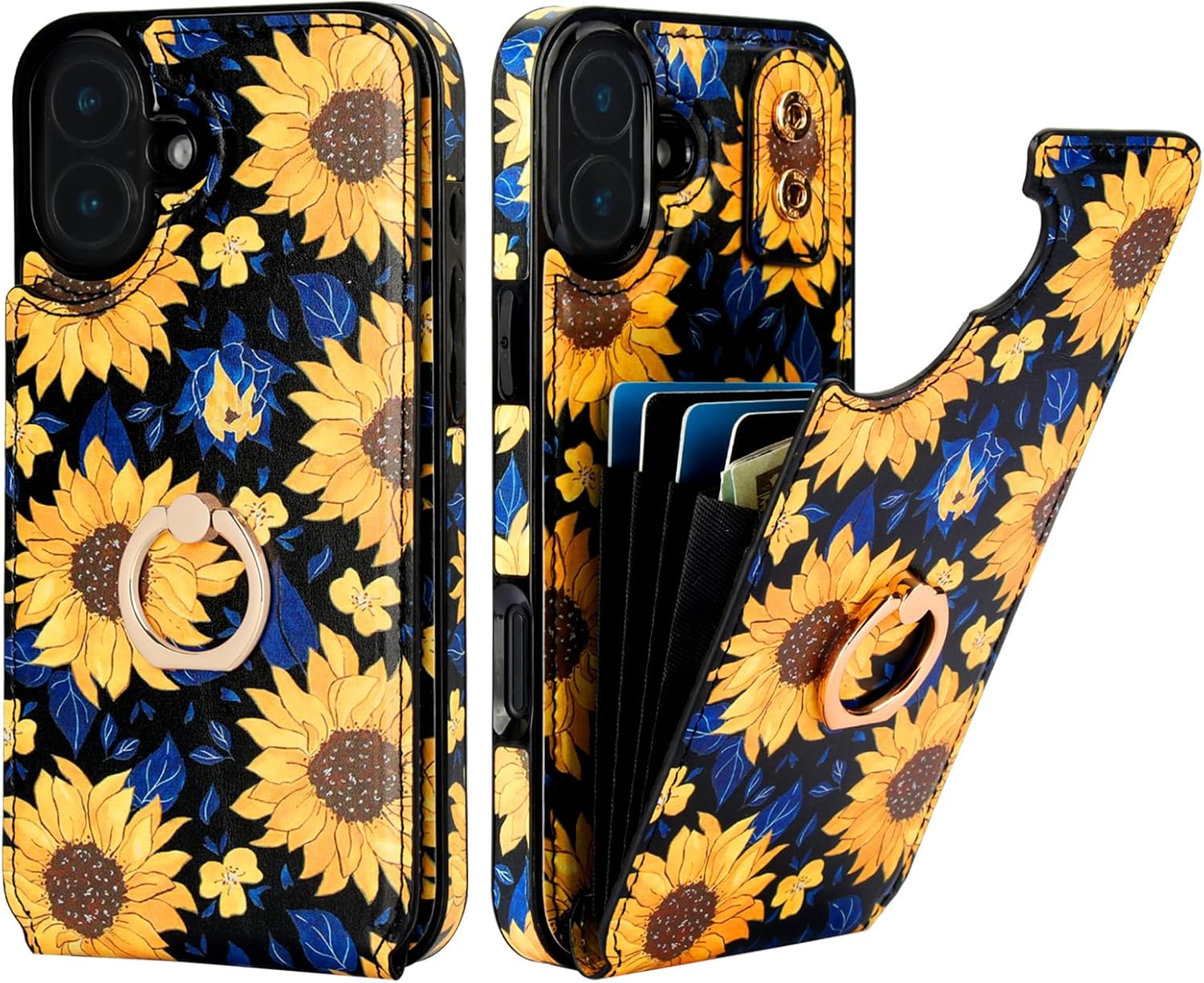 HAOPINSH for iPhone 16 Plus Wallet Case with Card Holder, 360°Rotation Ring Kickstand, Blooming Sunflowers Pattern, RFID Blocking Leather for Girls Women, Protective Cover 6.7"