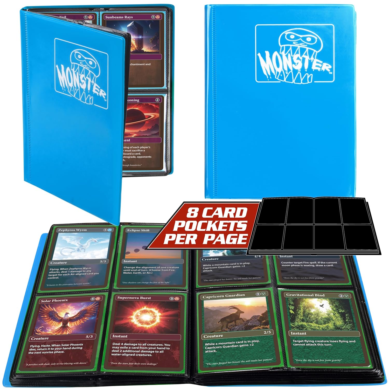 Monster 4 Pocket Trading Card Album - Matte Blue Binder, Anti-Theft & Anti-Drop TCG Protection w Side Loading Pockets, Holds 160 Cards-Compatible with Yugioh, Pokemon, MTG Magic the Gathering Cards