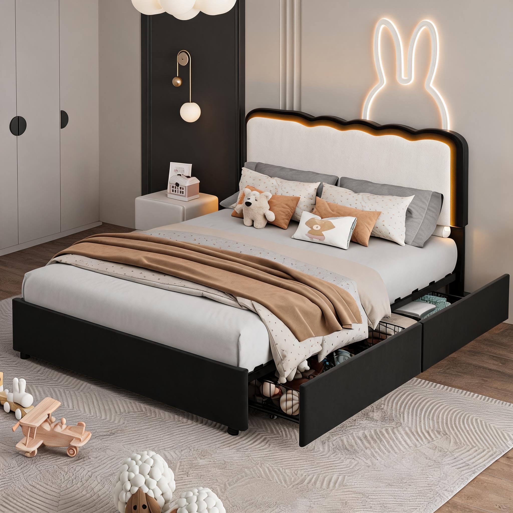 Garvee Irregular Wave LED 2-Drawer Soft Upholstered Bed, Soft Padding