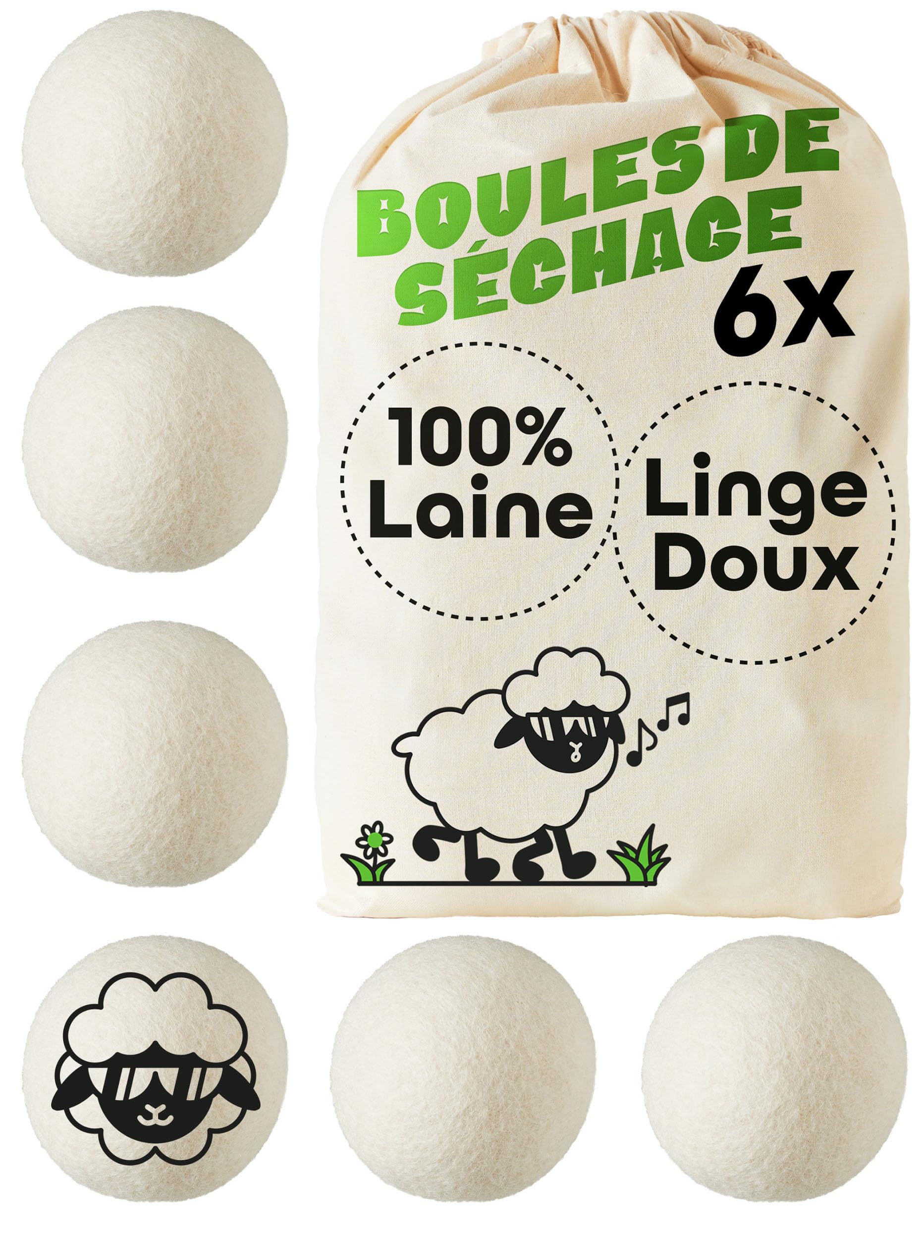 Praknu 6 Boules de Séchage en Laine de Mouton Organique - Balles de Séchage pour Sèche-Linge - Boule de Sechage Réduit le Temps et Adoucit le Linge - Parfaites pour le Duvet