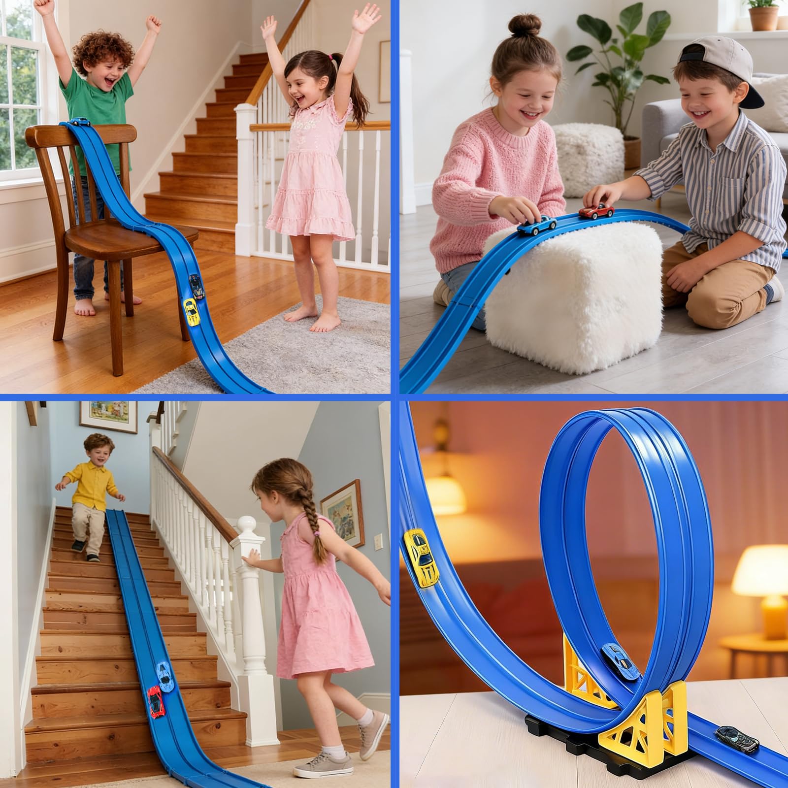 4.5 Metri Piste Macchinine per Bambini, Pista Flessibile Macchinine con 4 Macchinine e 4 Rampe e 4 Ventose e 1 Borsa Portaoggetti, per 3 4 5 6 Anni Bambino e Bambine (Blu)