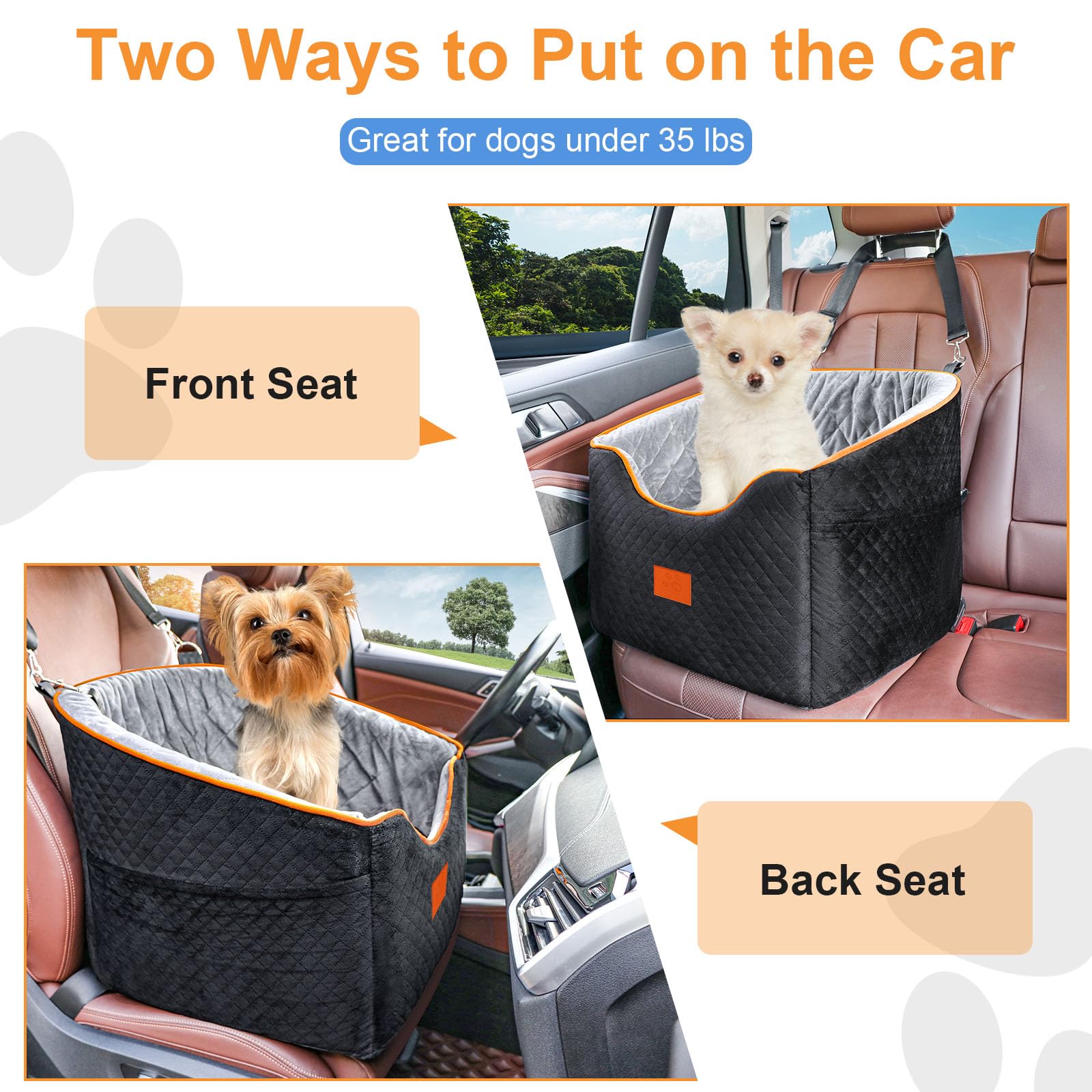Dog Car Seat for Small Dogs, Memory Foam Booster Dog Seat for Dogs up to 35 lbs, Elevated Pet Car Seat with Washable Removable Cover, Storage Pockets(Black/Gray) - image 5