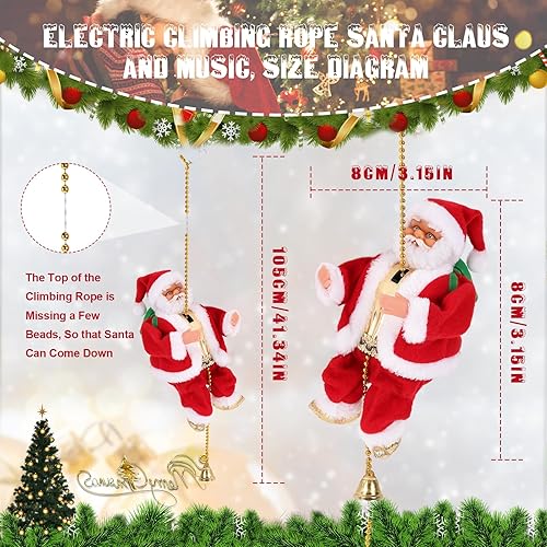 Miniatura 5 de Papá Noel escalador con música, adorno colgante de árbol de Navidad, novedad de Papá Noel escalador en cuerda, decoración navideña, gran regalo