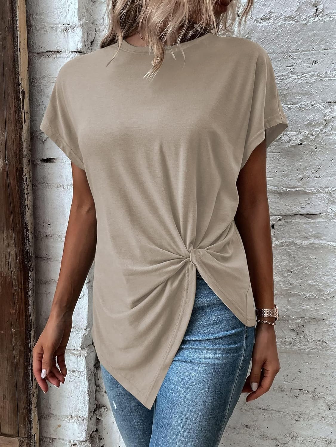 Remidoo Asymmetrical Tops for Women Twist Front Top Crewneck Knot Short Sleeve T Shirts - Image 4