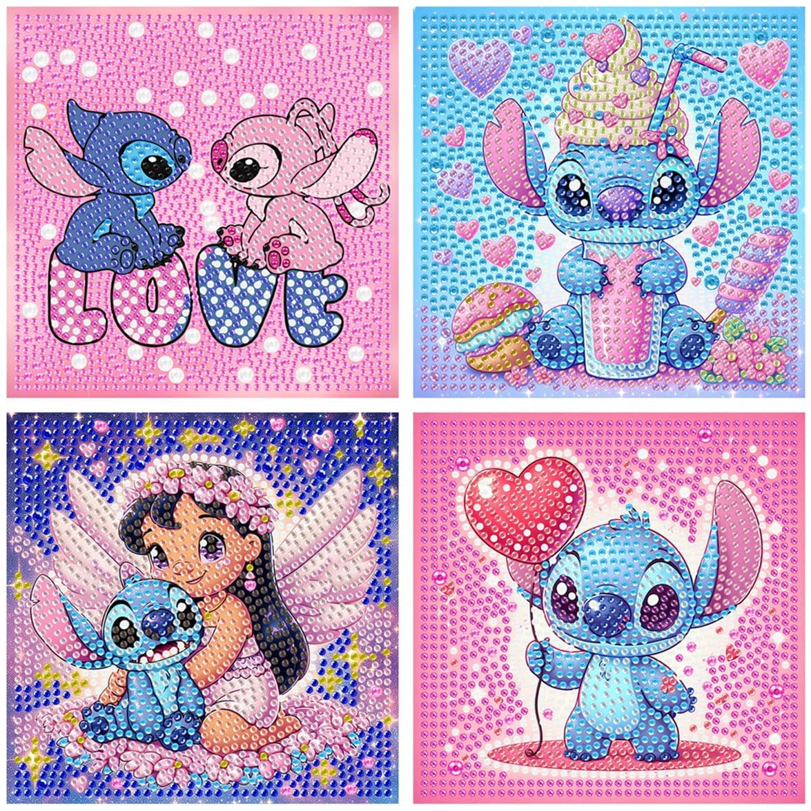 Kit Peinture Diamant 5D Stitch - 4 Toiles 18x18 Cm, Diamants Colorés, Activité Créative Enfant/adulte