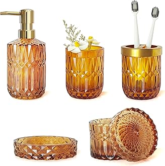 Amber Bathroom Accessories Set, 5Pcs Clear Glass Bathroom Sets, Hand Soap Dispenser, Soap Dish, Toothbrush Holder Set, Qtips Holder for Crystal Vintage Bath Decor, Set