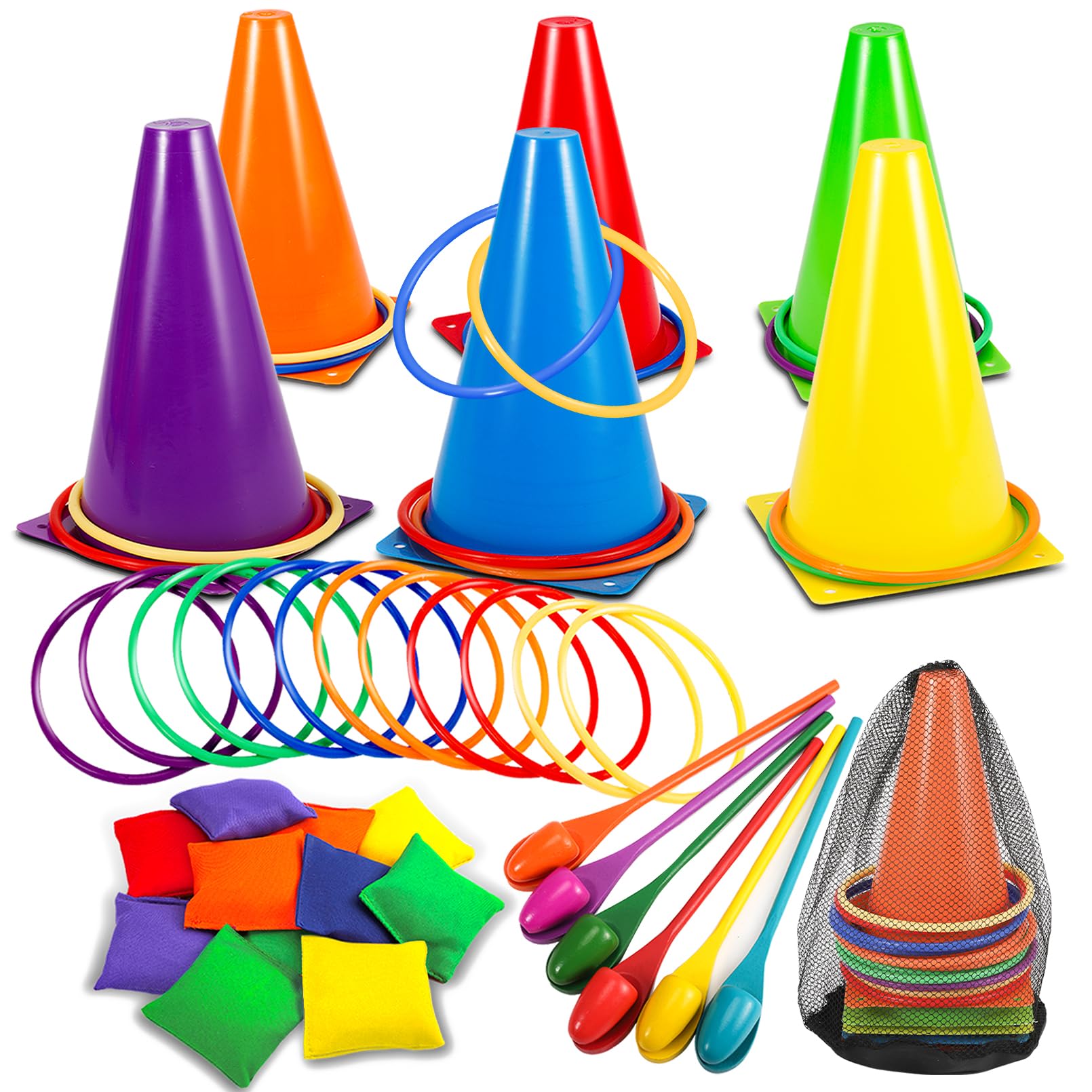 4 in 1 Carnival Games Set,36 PCS Outdoor Carnival Games Combo Set,Soft Plastic Cones Bean Bags Egg and Spoon Ring Toss Games, Kids Adults Birthday Party Lawn Game Indoor Outdoor Games