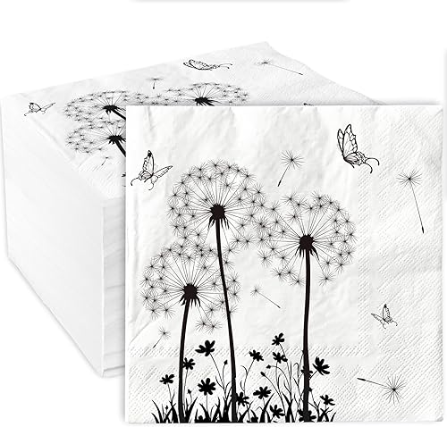 AnyDesign Paquete de 100 servilletas de papel desechables de diente de león, servilletas de almuerzo florales blancas y negras, servilletas de mano